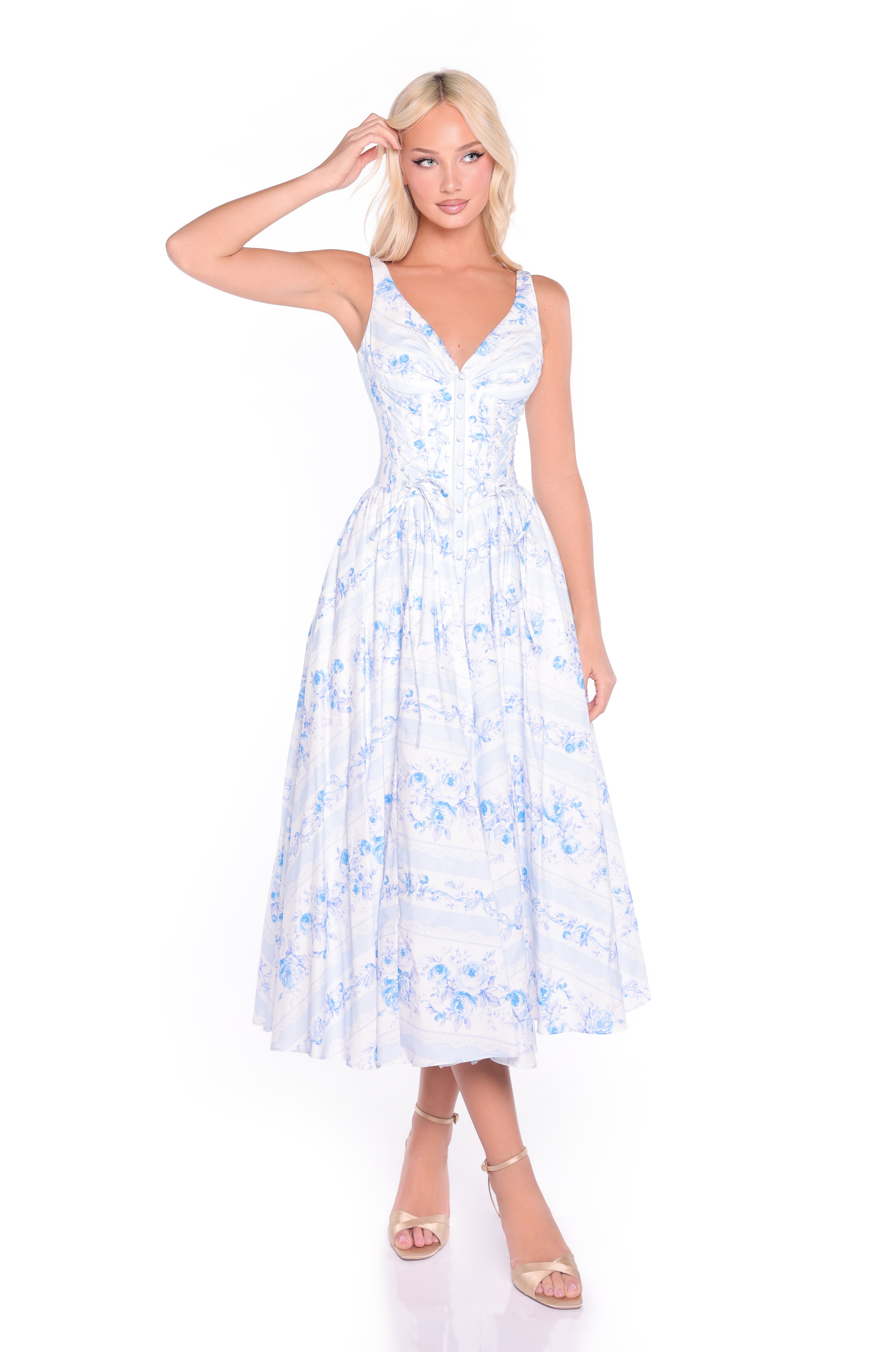 ALINA Ivory Blue Stripe Floral Midi Dress