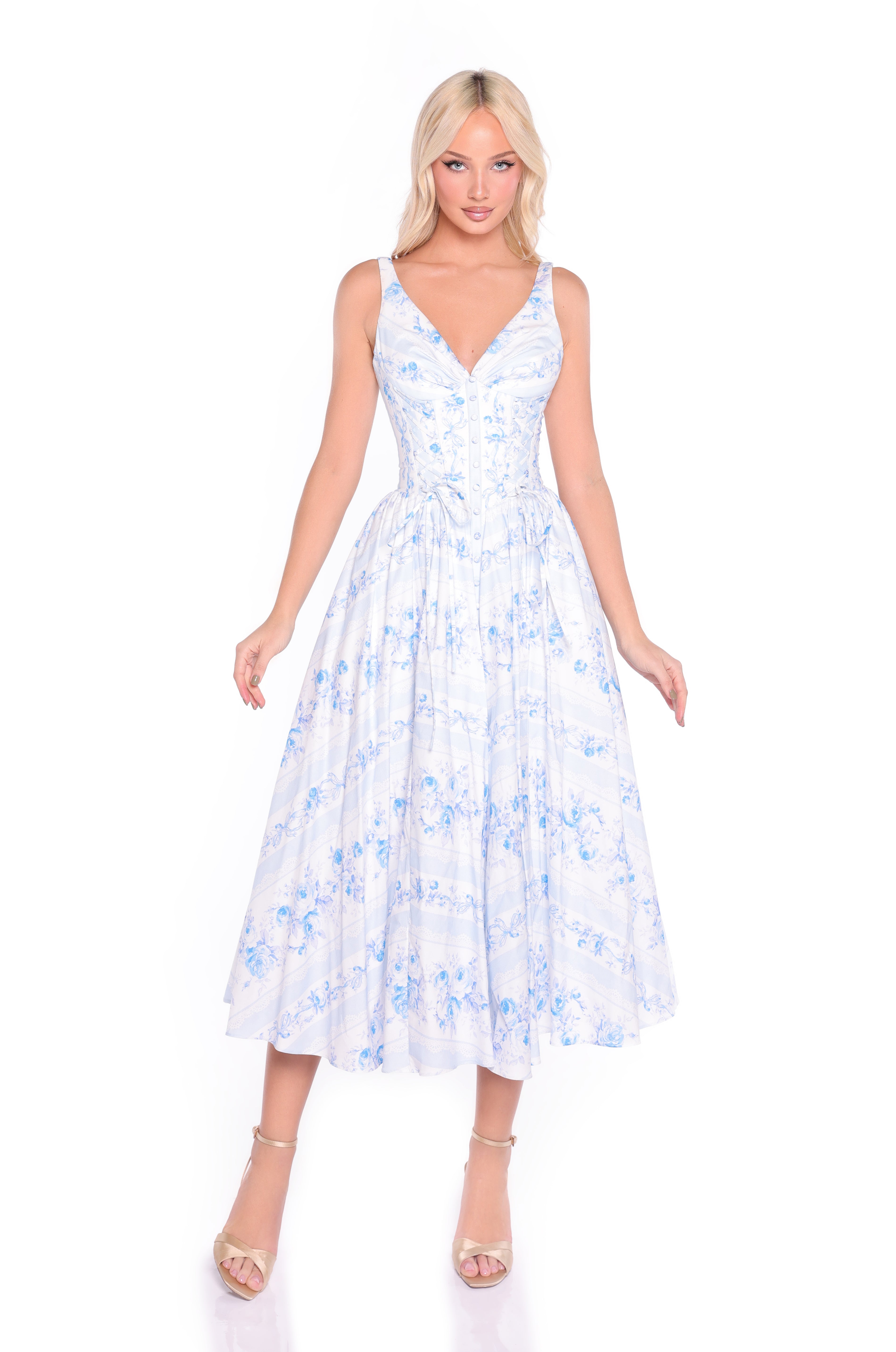 ALINA Ivory Blue Stripe Floral Midi Dress