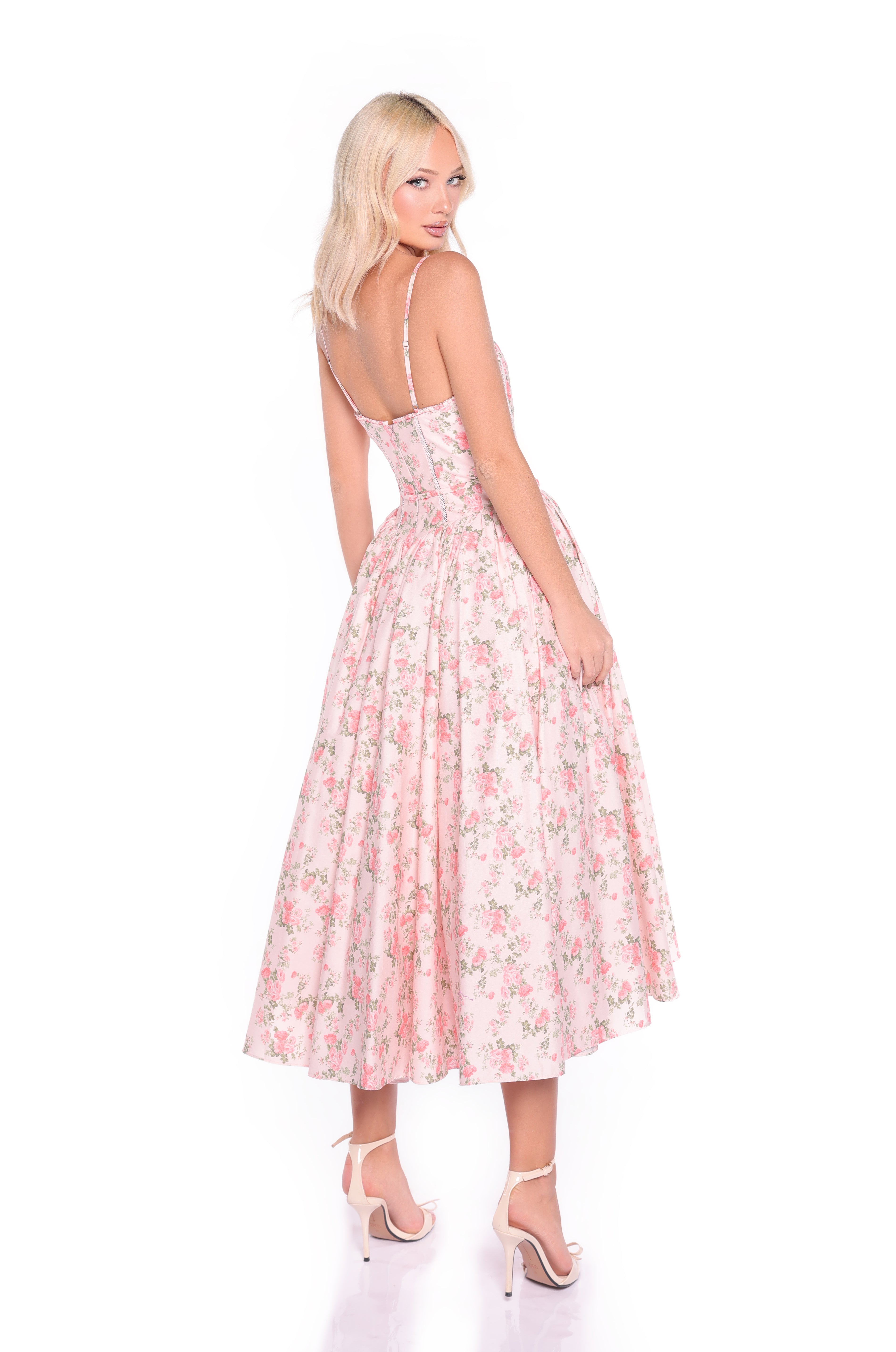 ALOURA Peach Rose Floral Print Midi Dress