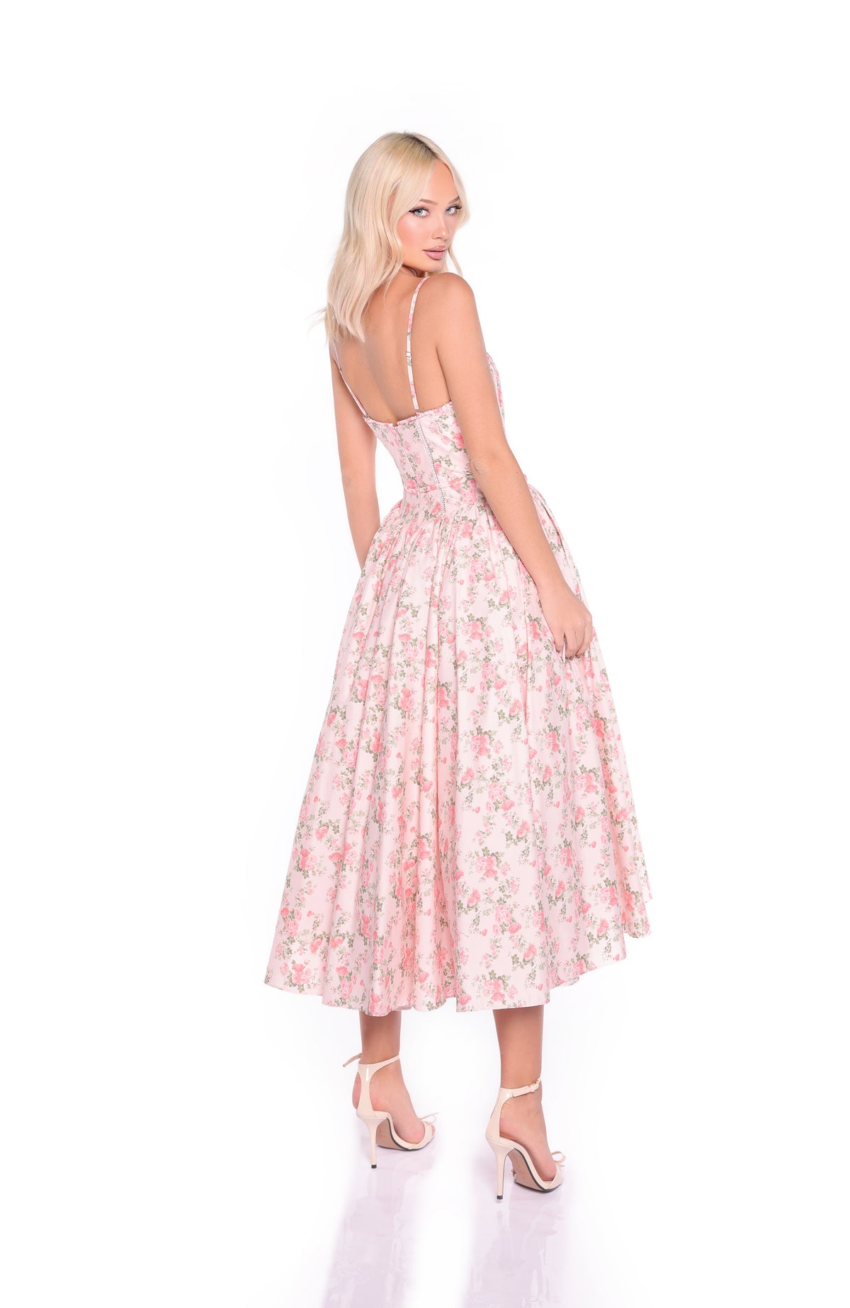 ALOURA Peach Rose Floral Print Midi Dress