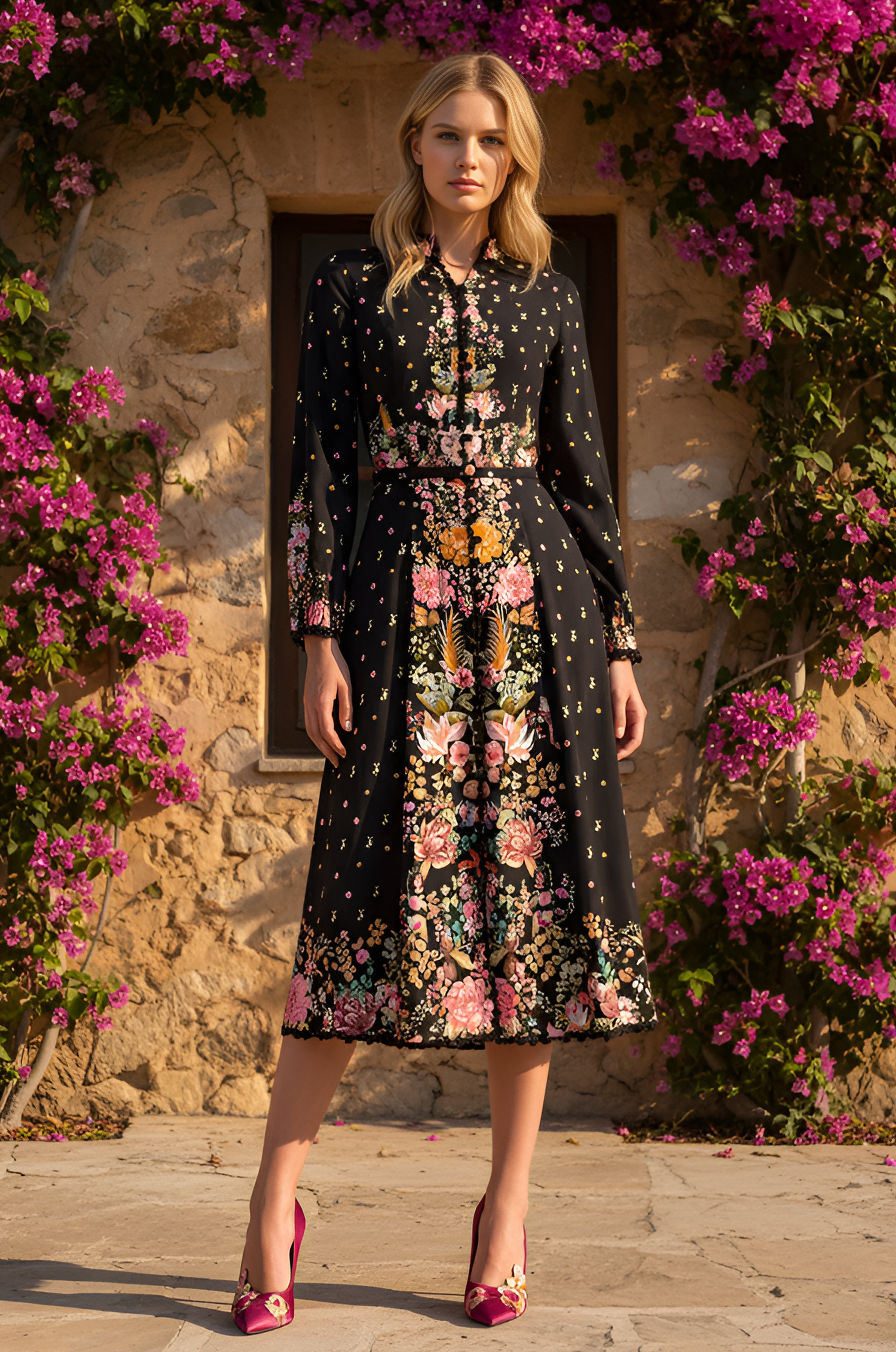 ANNA Twilight Garden Black Midi Dress