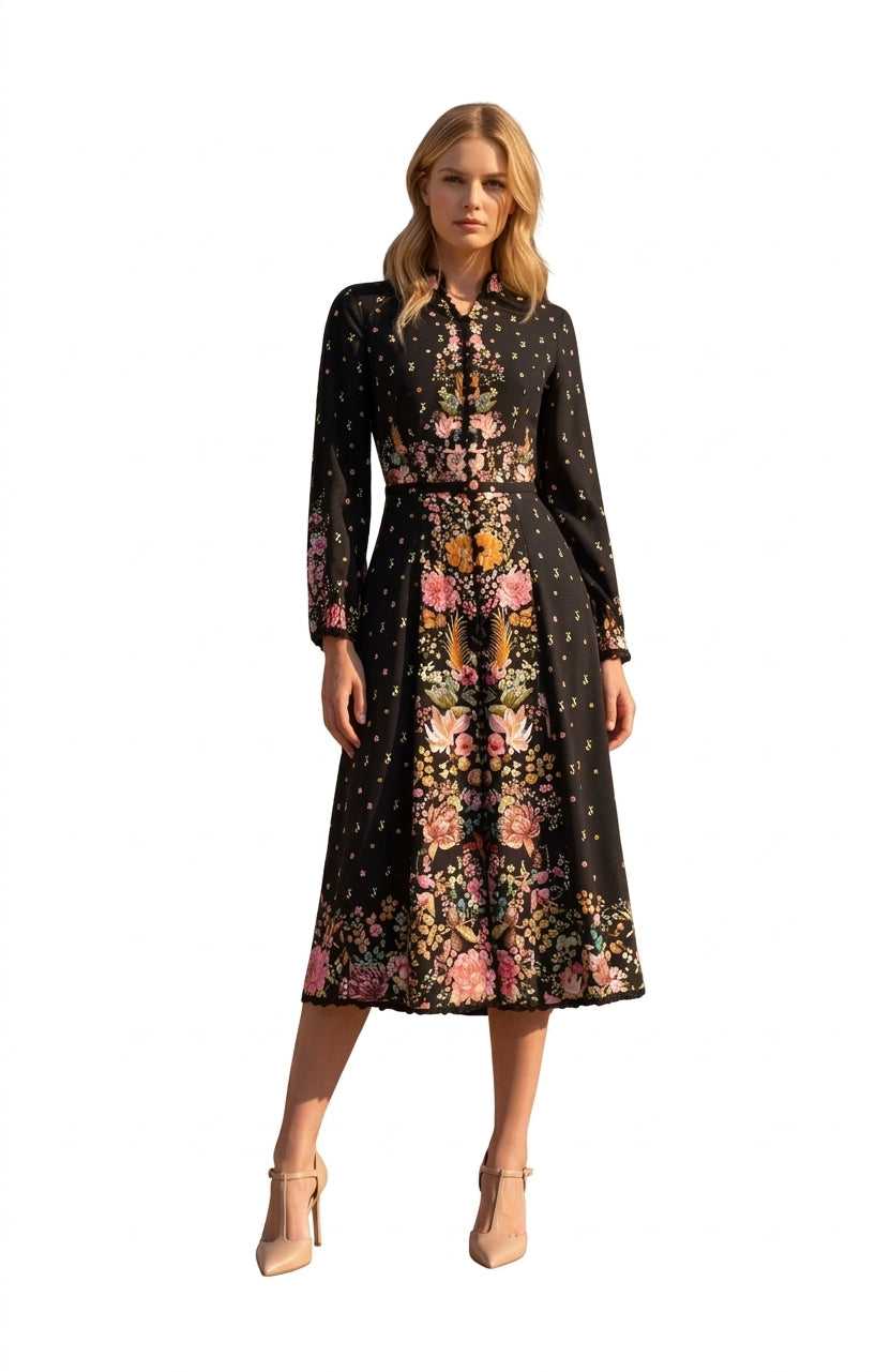 ANNA Twilight Garden Black Midi Dress