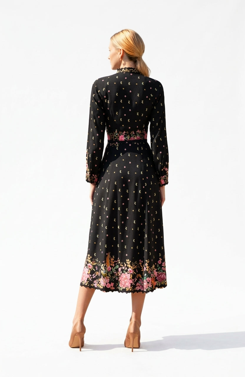 ANNA Twilight Garden Black Midi Dress