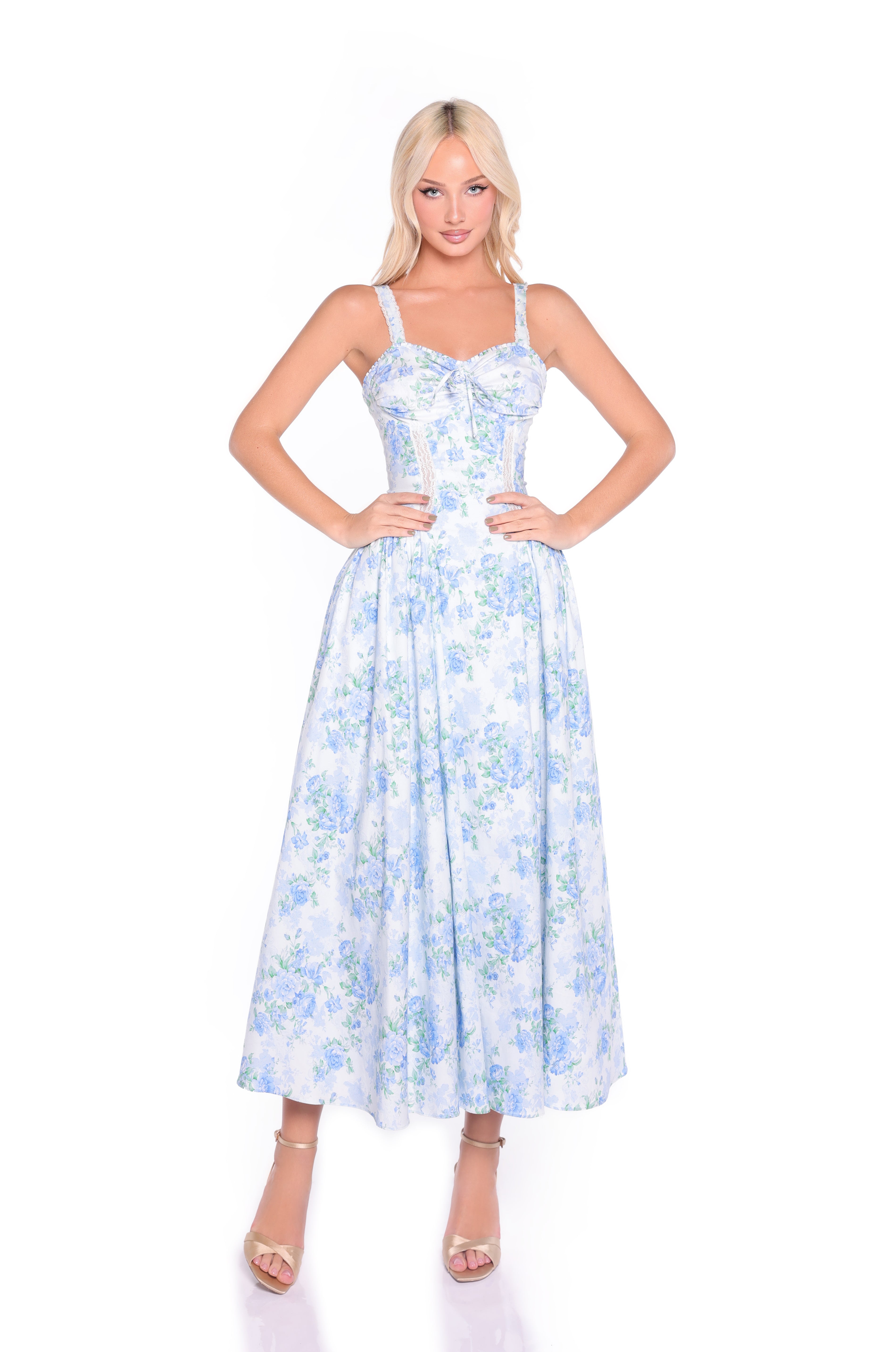ANSELMA Blue Floral Print Midi Dress