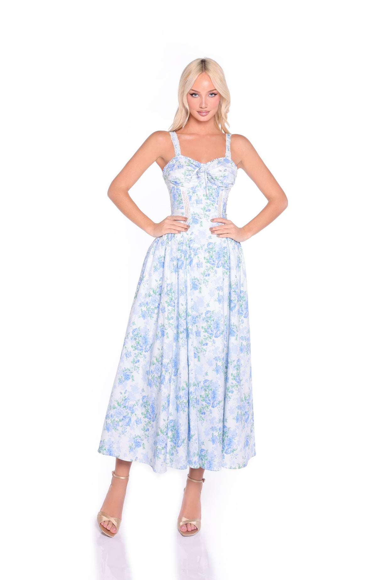 ANSELMA Blue Floral Print Midi Dress
