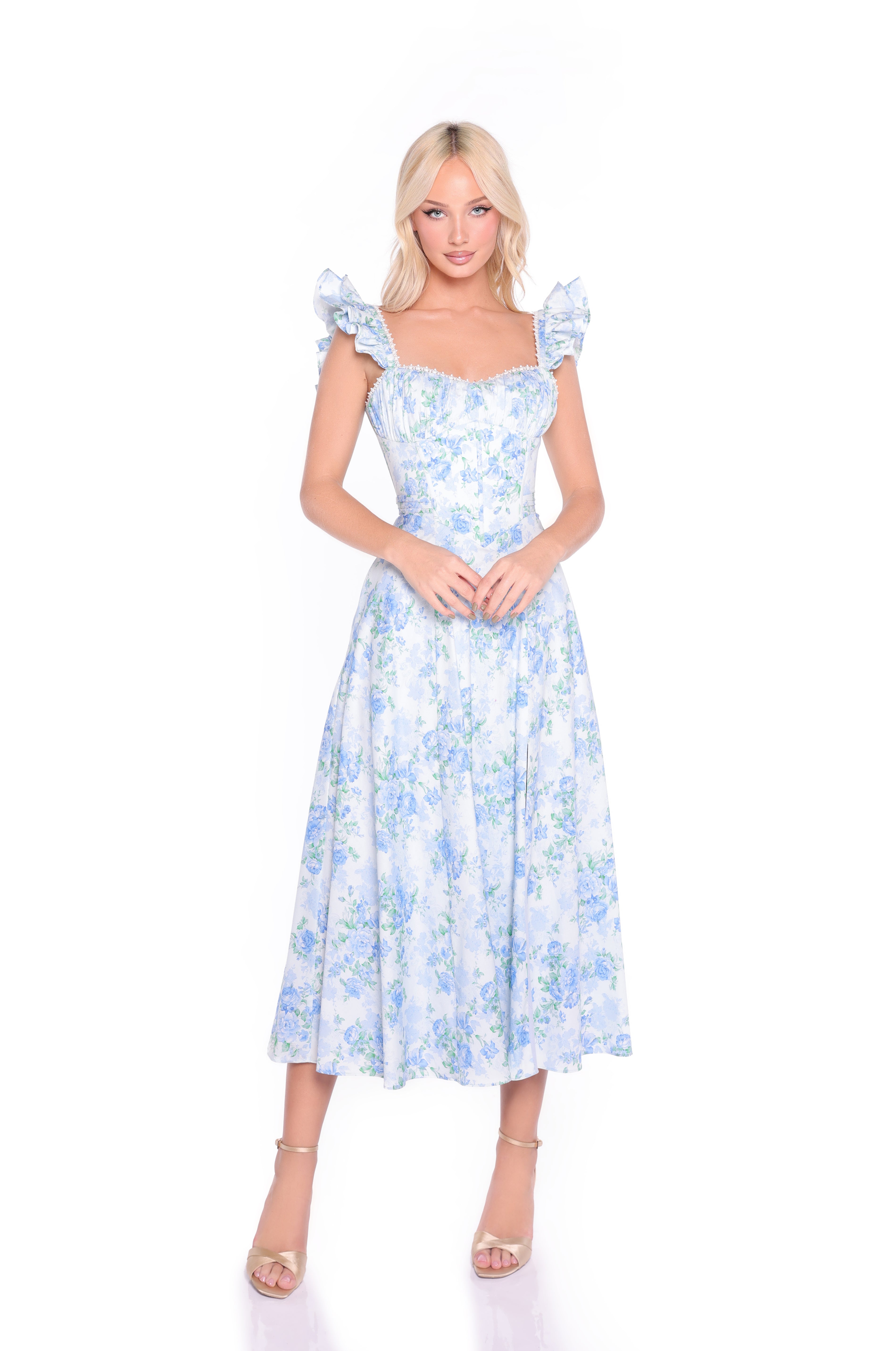 CARMEN Blue Floral Midi Dress