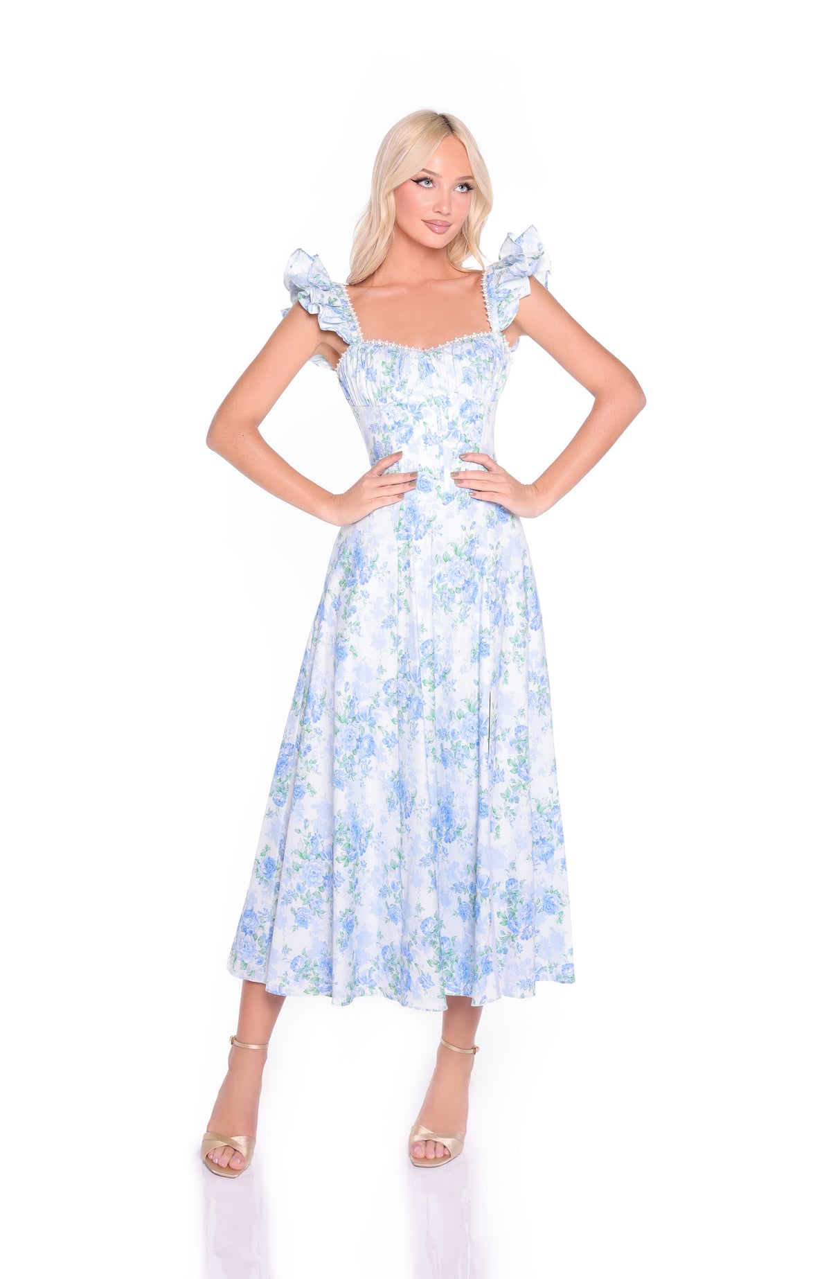 CARMEN Blue Floral Midi Dress