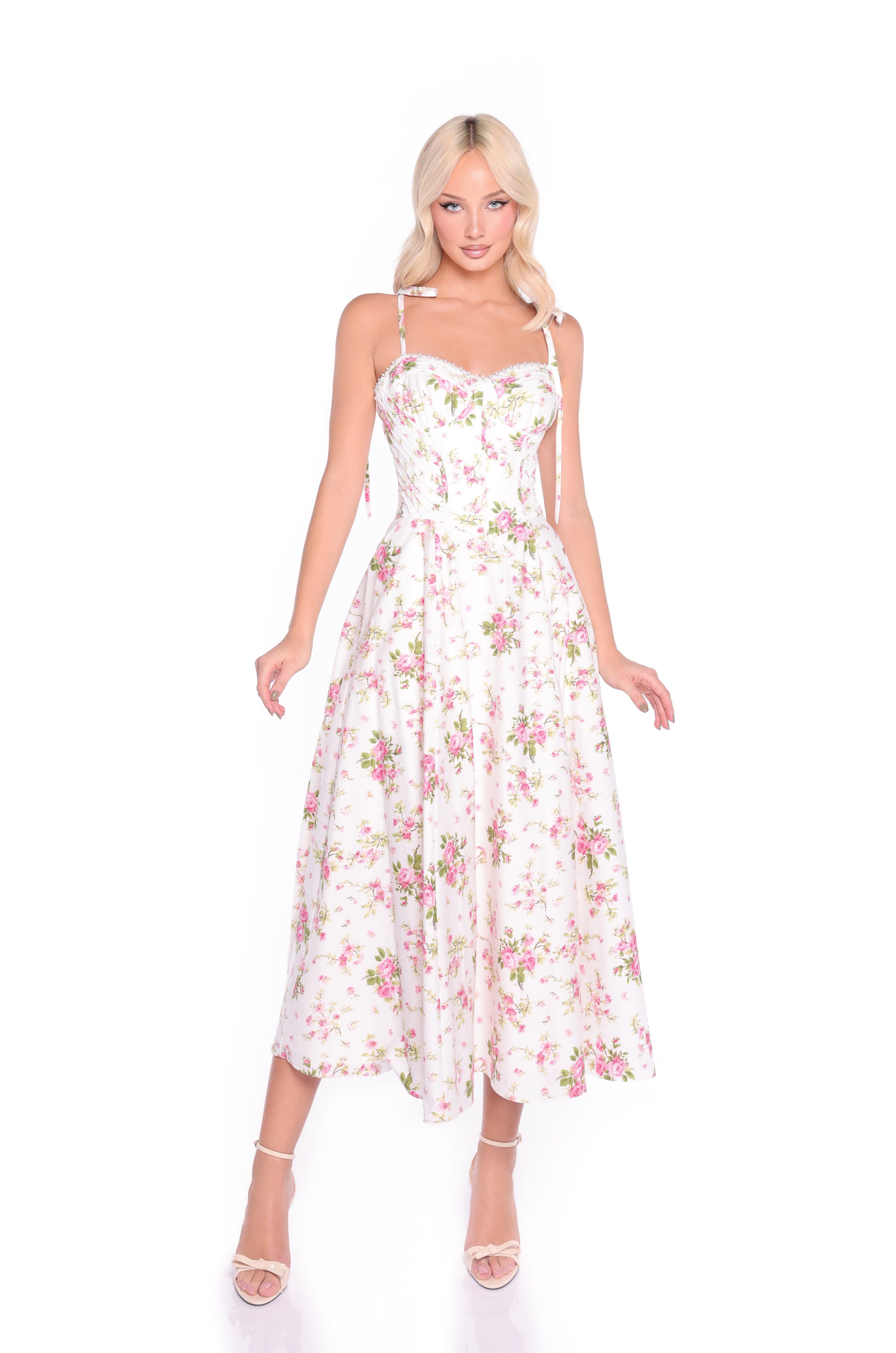 CECILIA Ivory Blush Floral Midi Dress