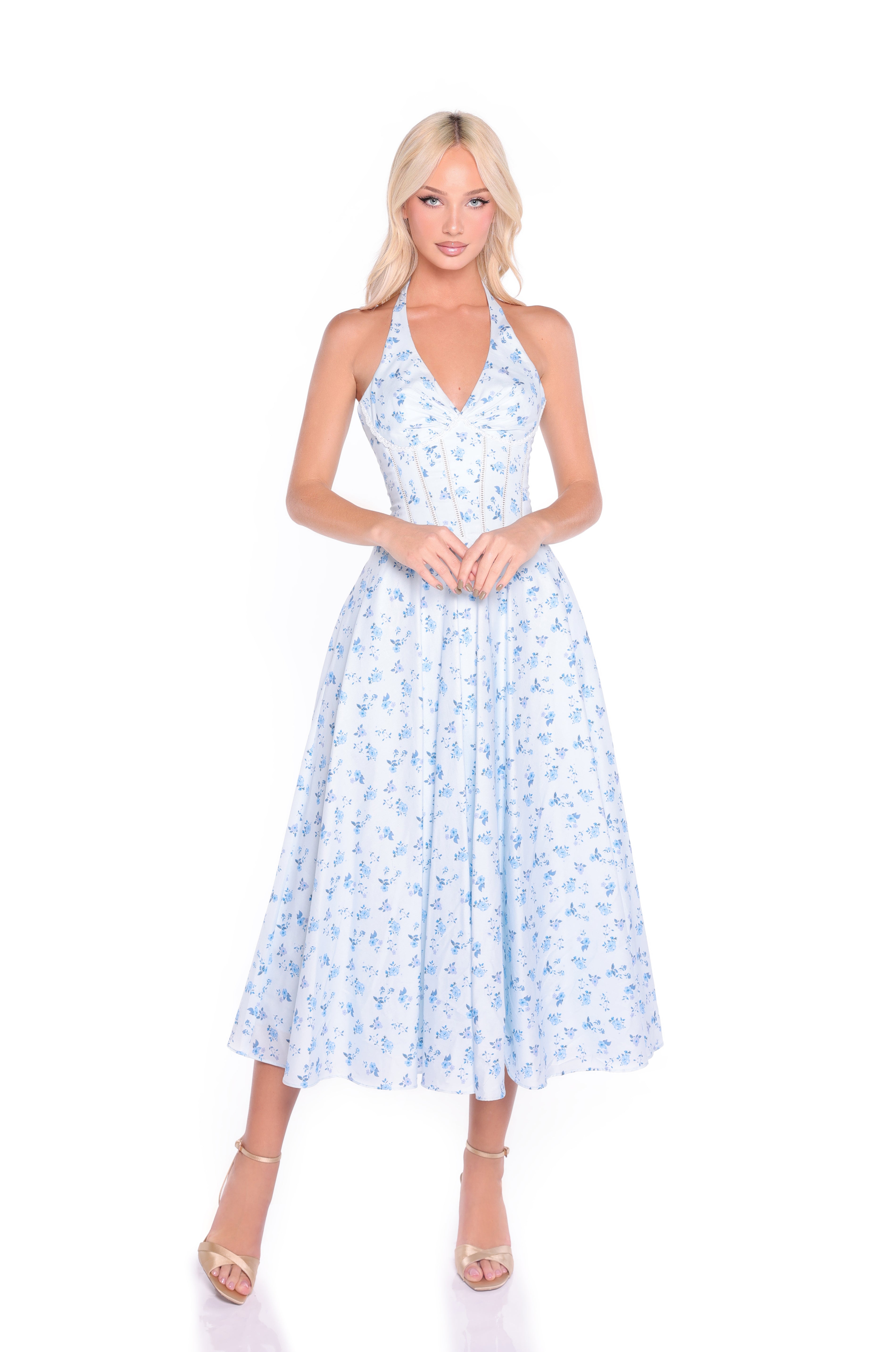 ELIZA Soft Blue Floral Midi Dress
