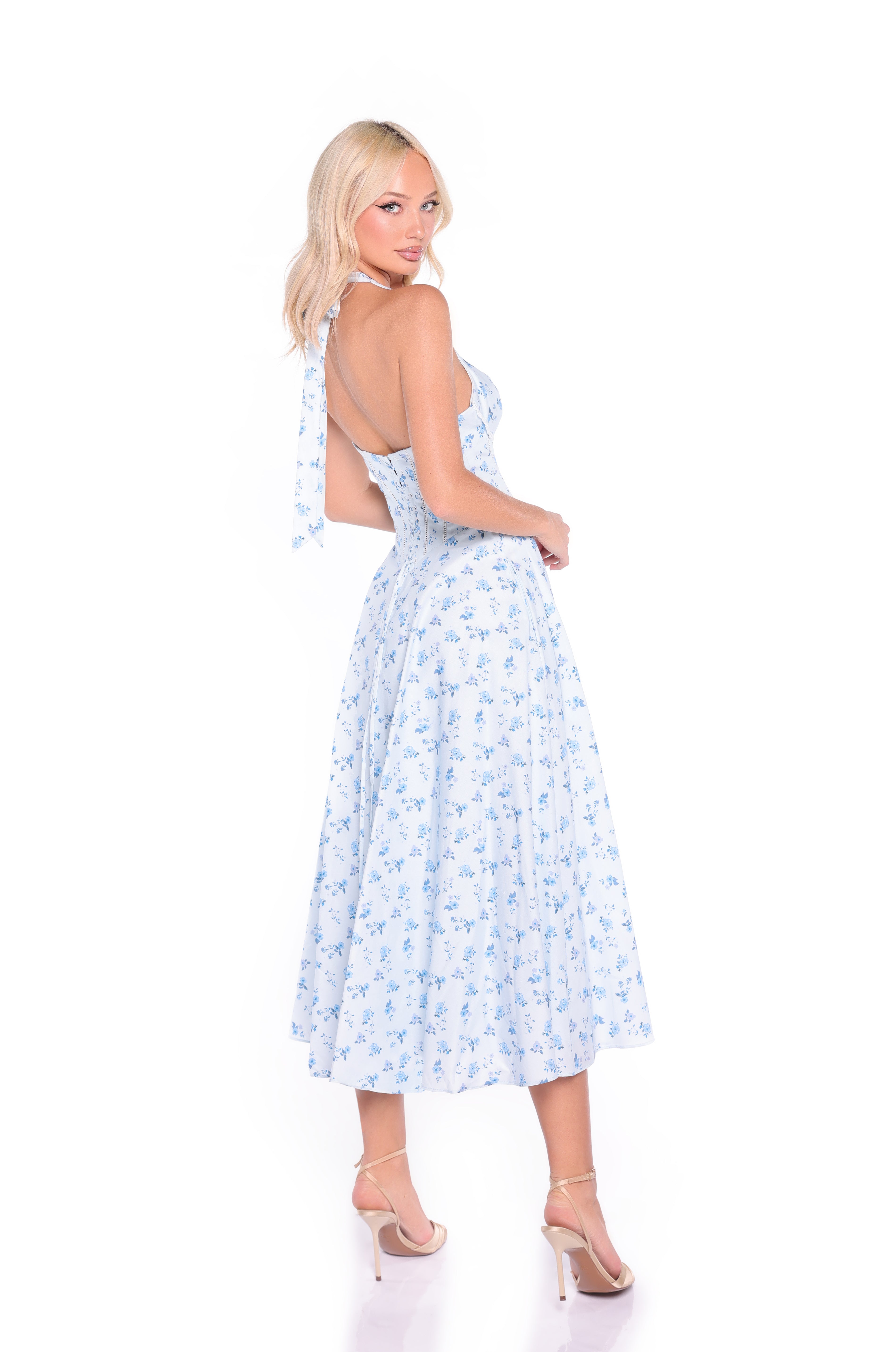 ELIZA Soft Blue Floral Midi Dress