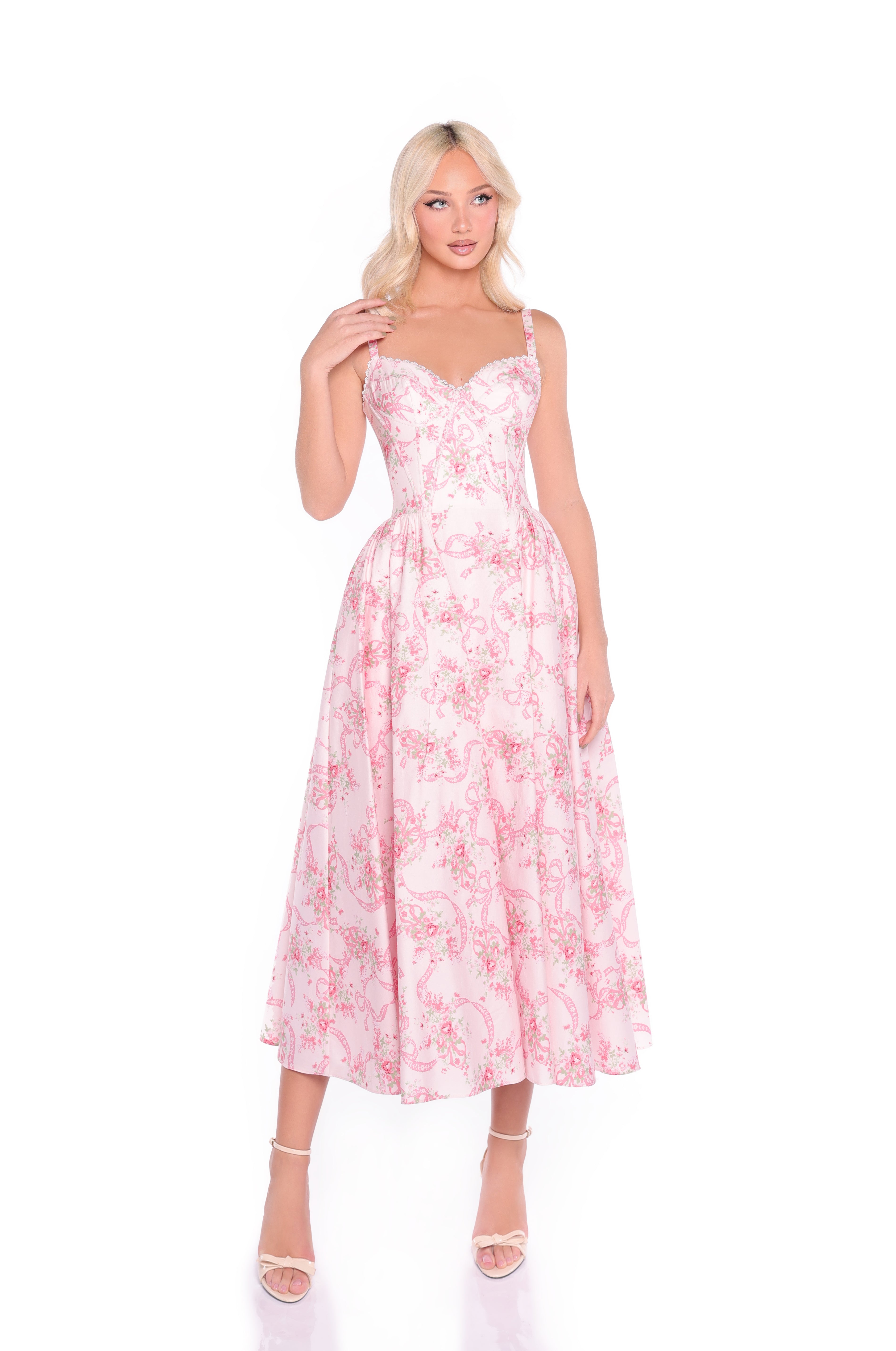 EMILIA Blush Ribbon Floral Print Midi Dress