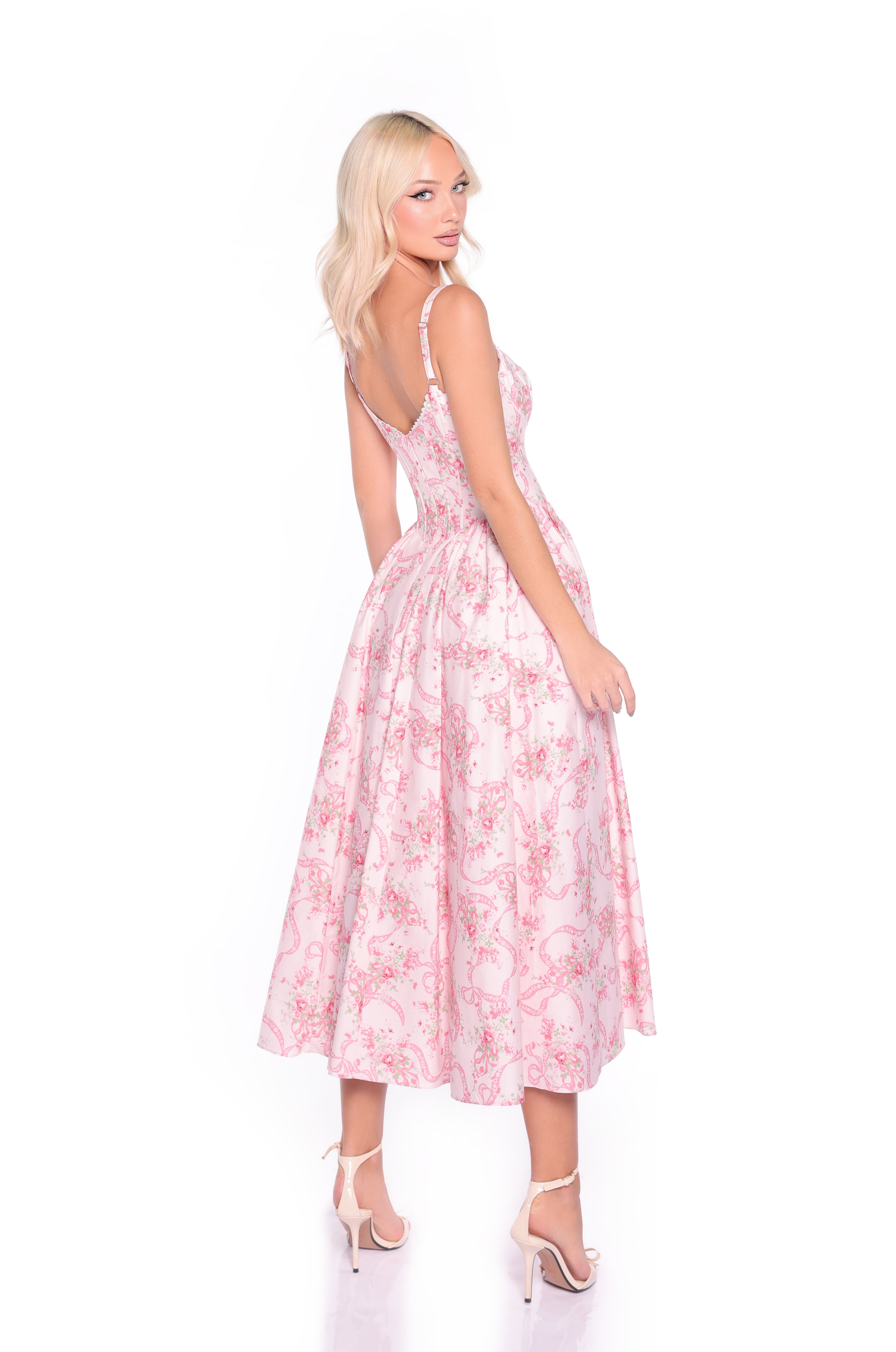 EMILIA Blush Ribbon Floral Print Midi Dress