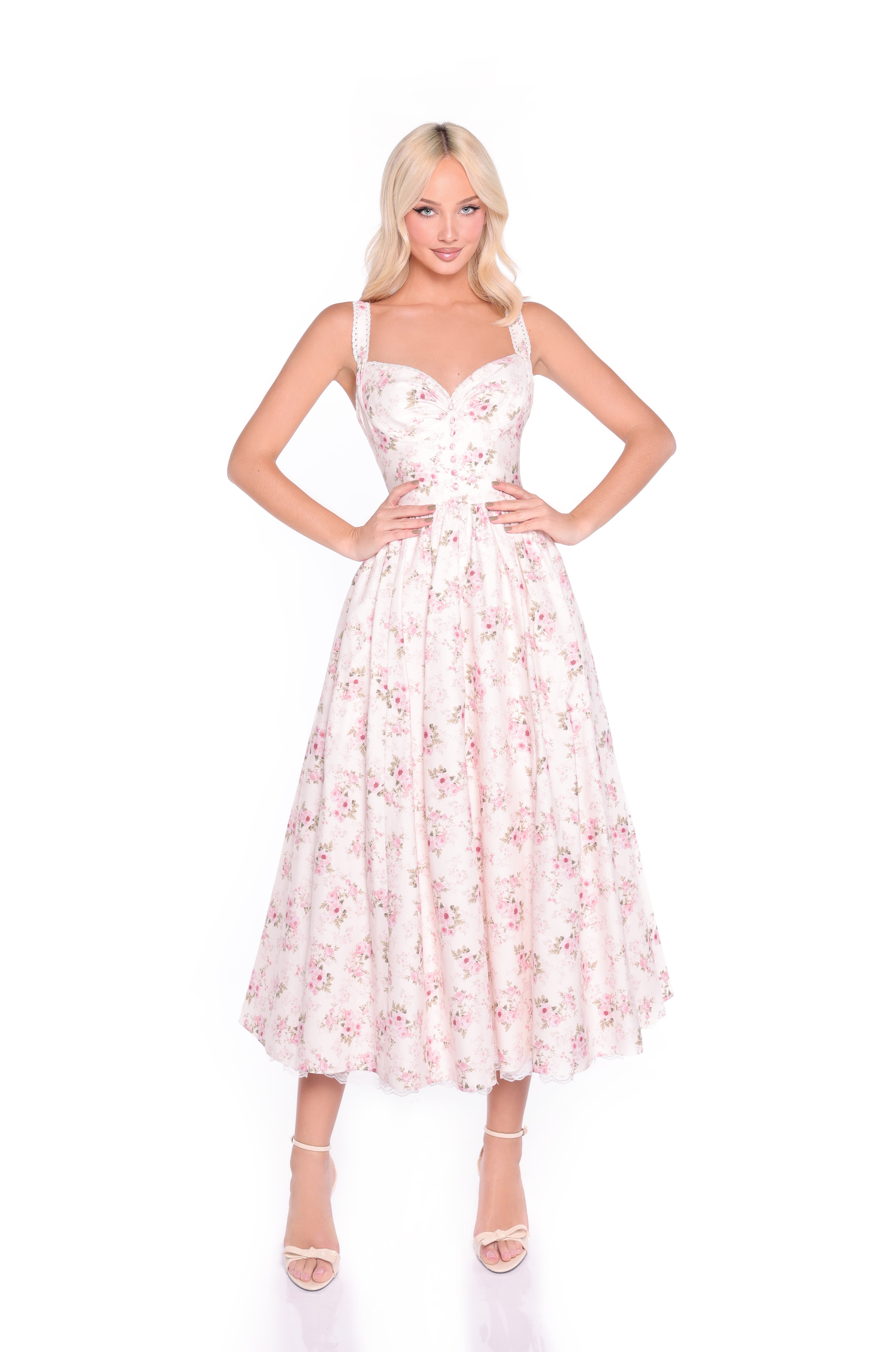 LIORA Cream Floral Print Midi Dress