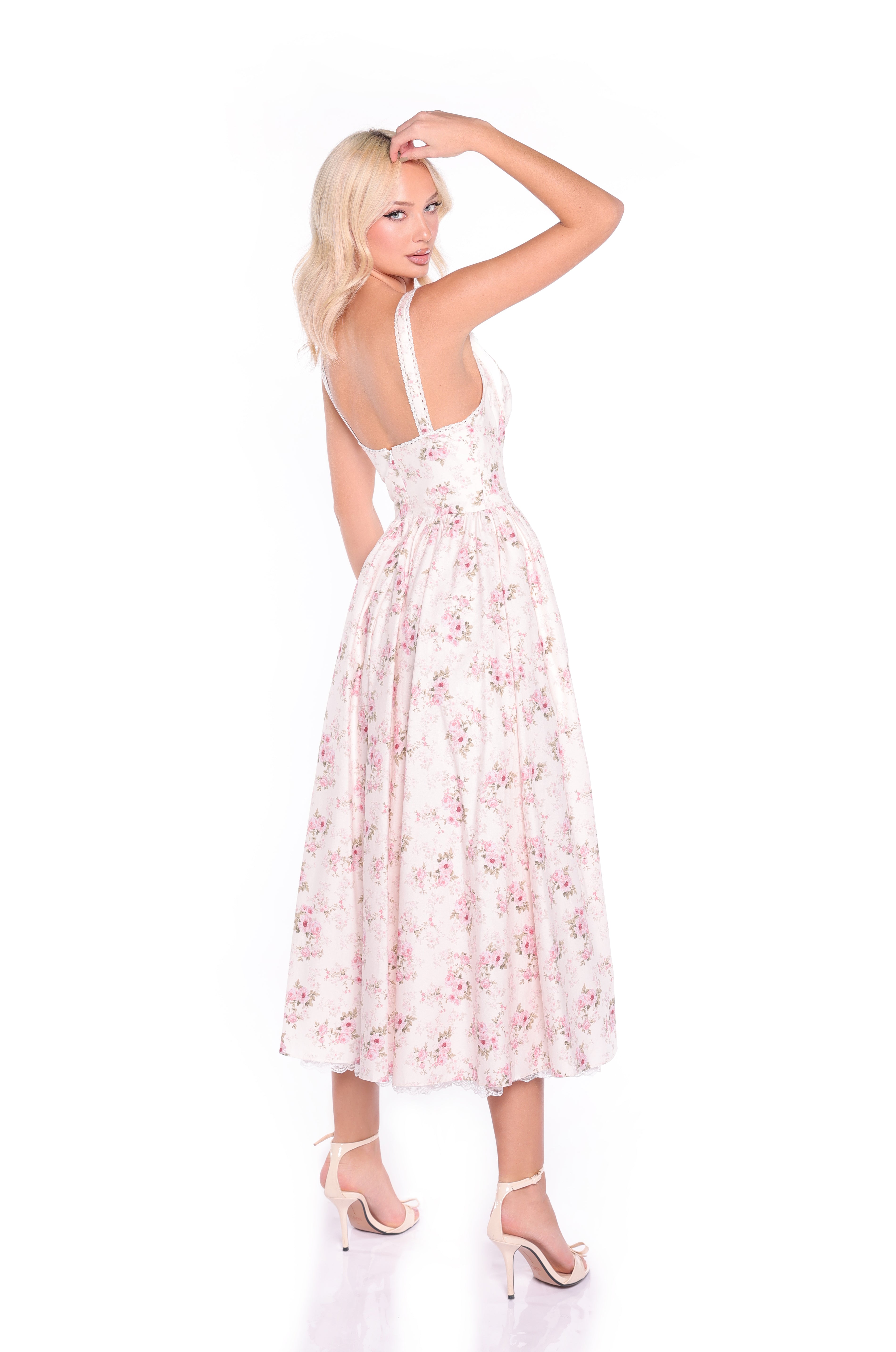 LIORA Cream Floral Print Midi Dress