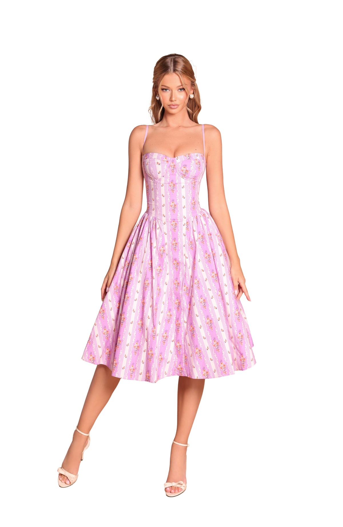 MEADOWA Floral Corset Midi Dress in Lilac Floral