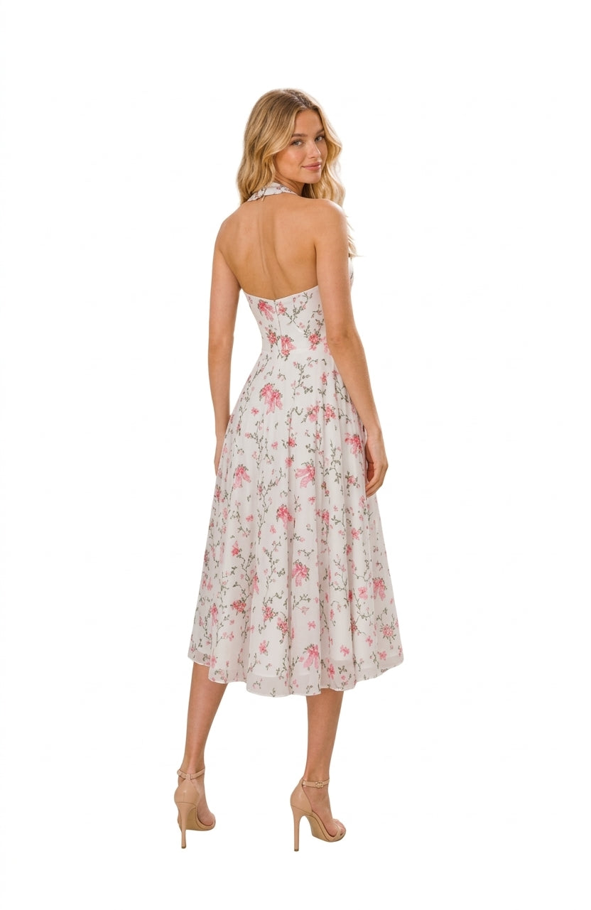 MILLIE Floral Halter Midi Dress in White