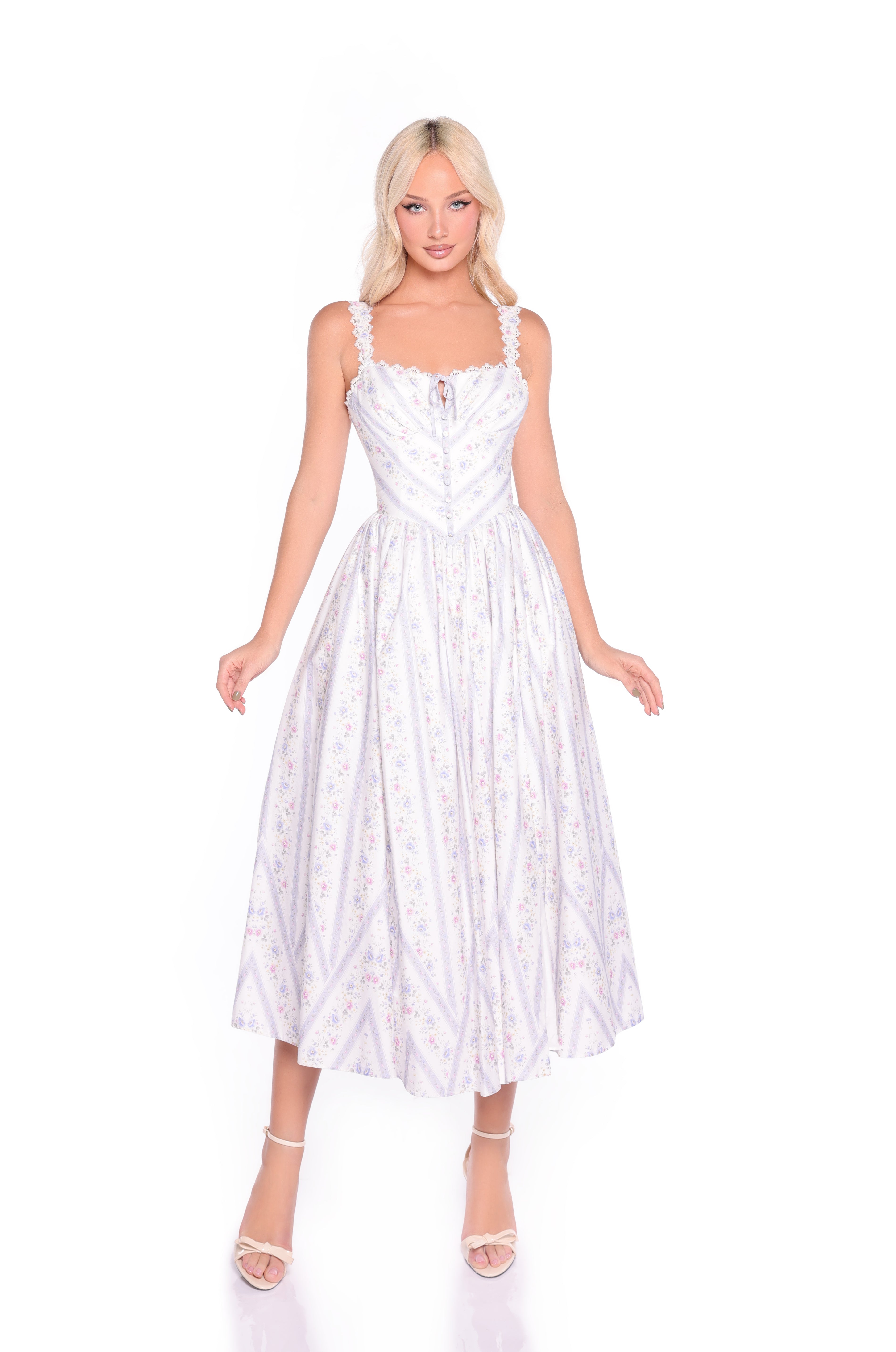 MIRELLE Lilac Striped Floral Midi Dress