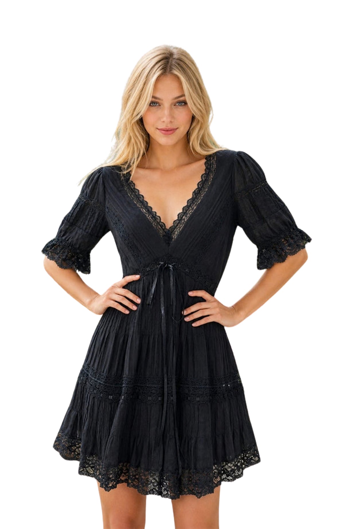 NOELLE Lace Trim Mini Dress in Black
