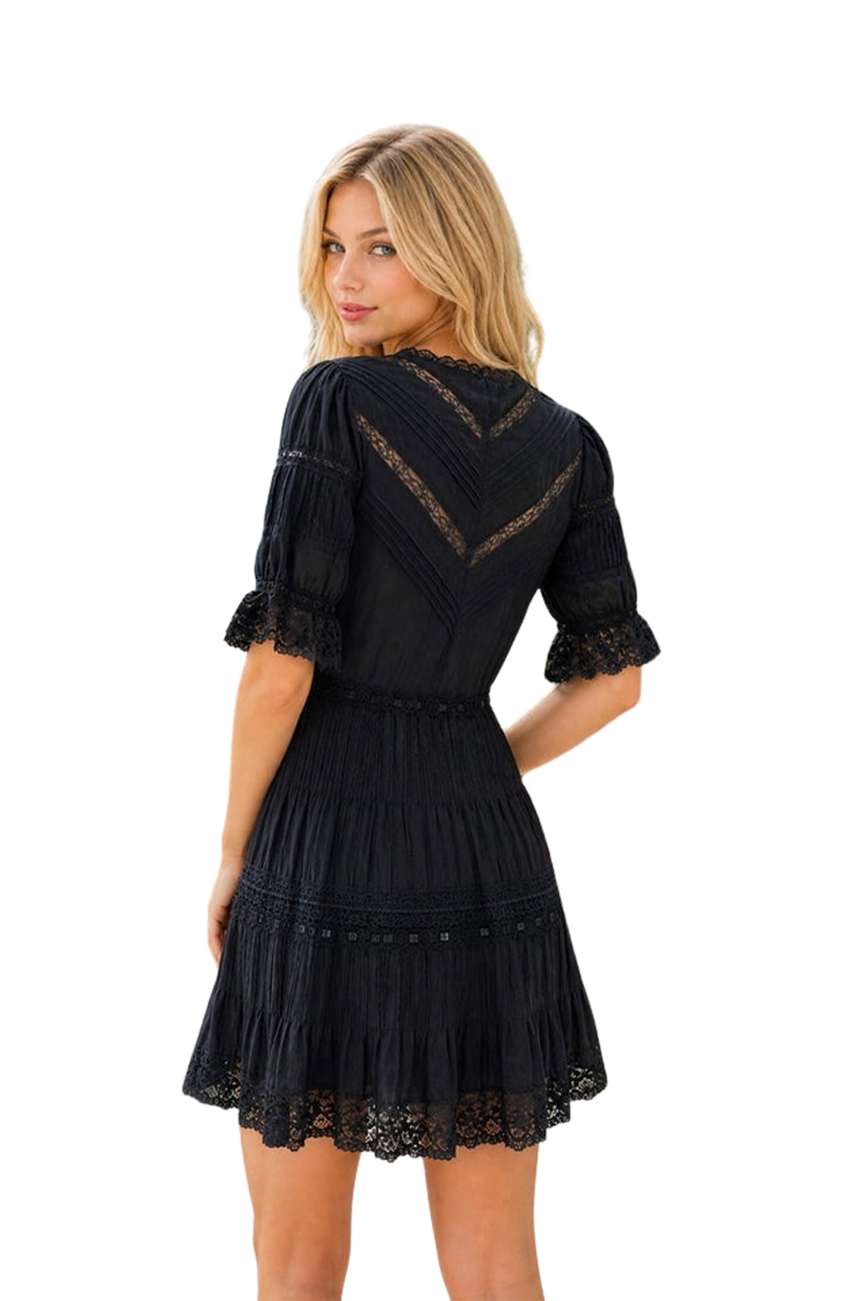 NOELLE Lace Trim Mini Dress in Black