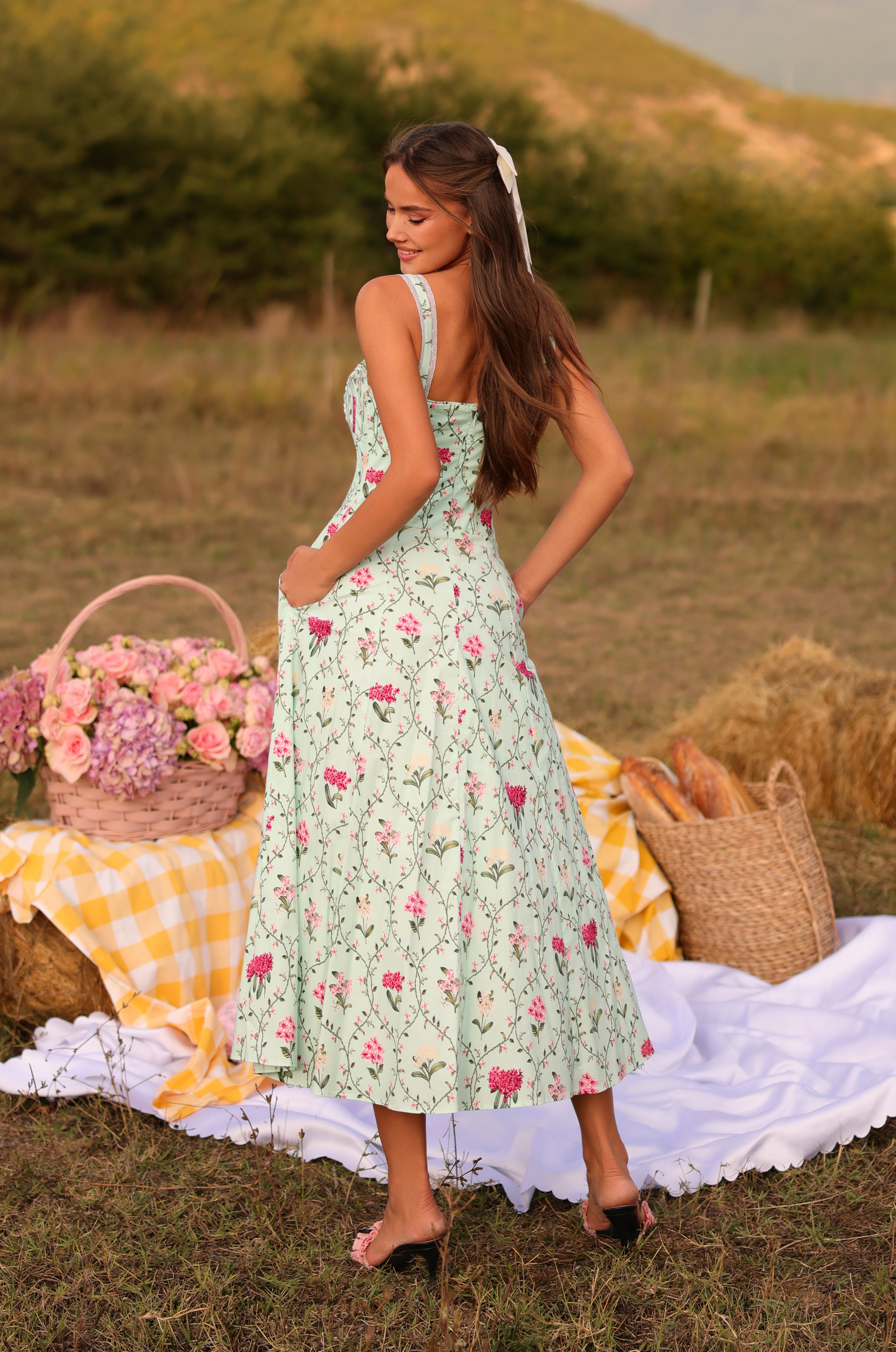 Mint green floral corset midi dress with straps
