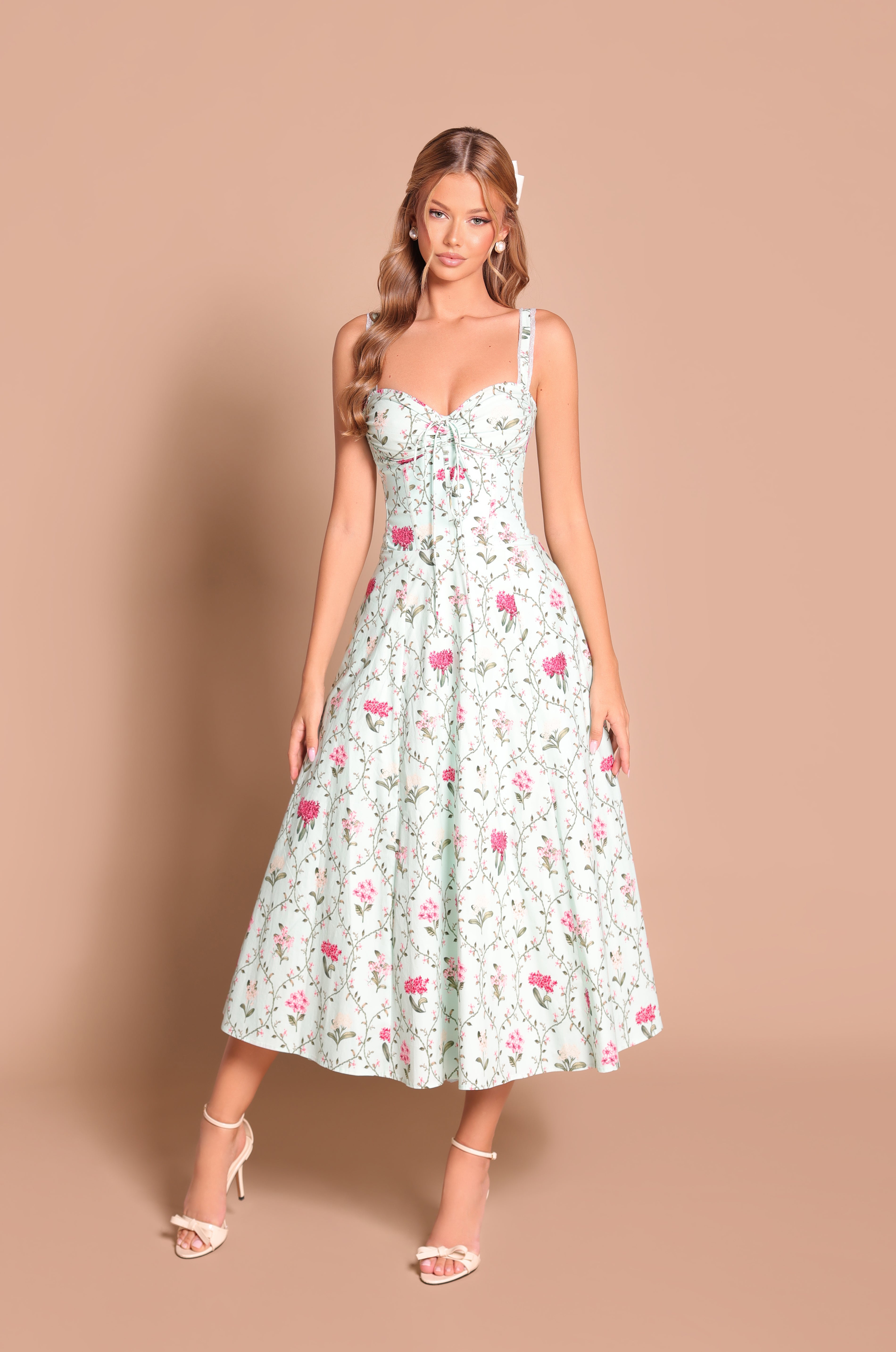 Mint green floral corset midi dress with straps