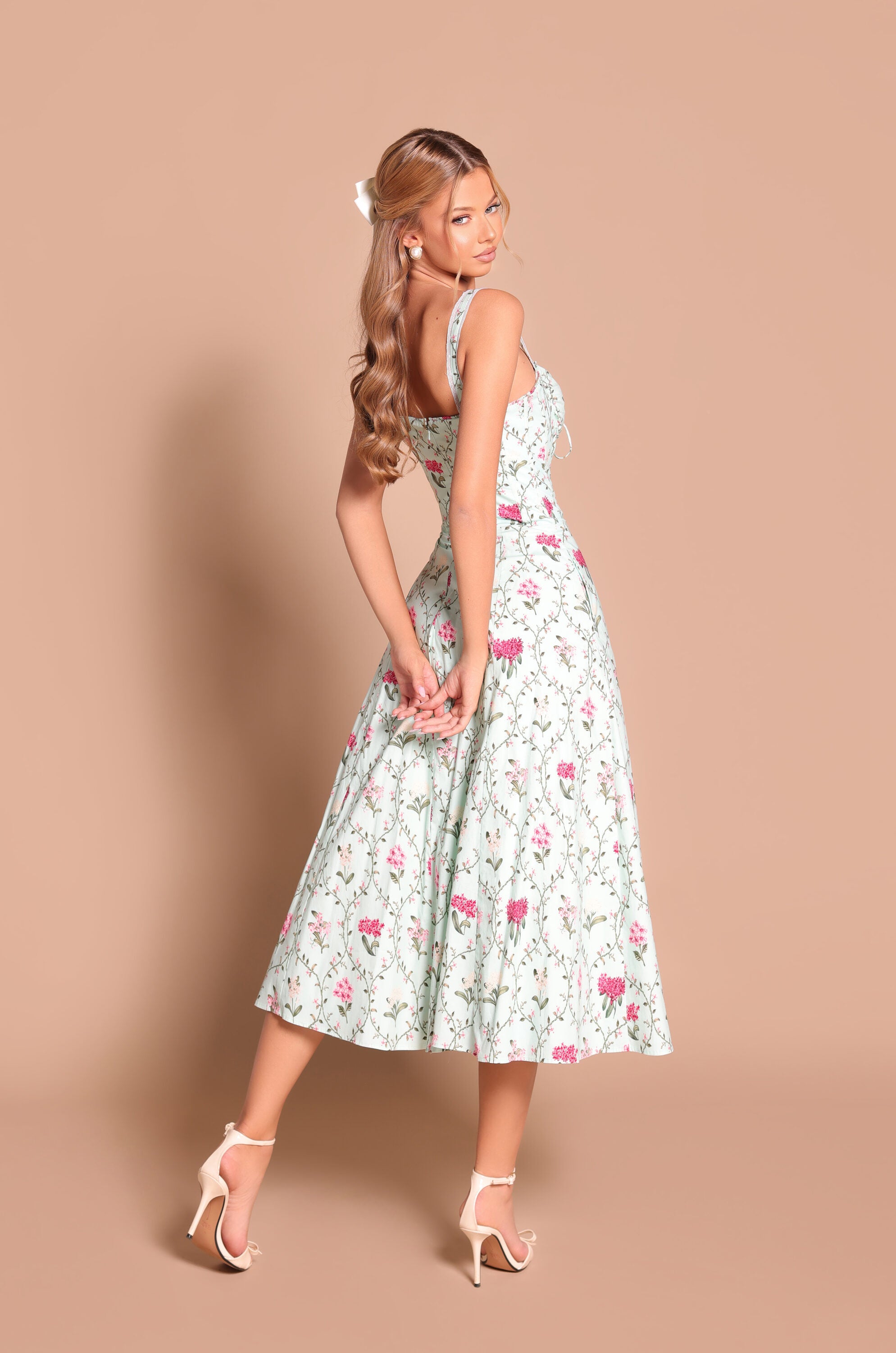 Mint green floral corset midi dress with straps