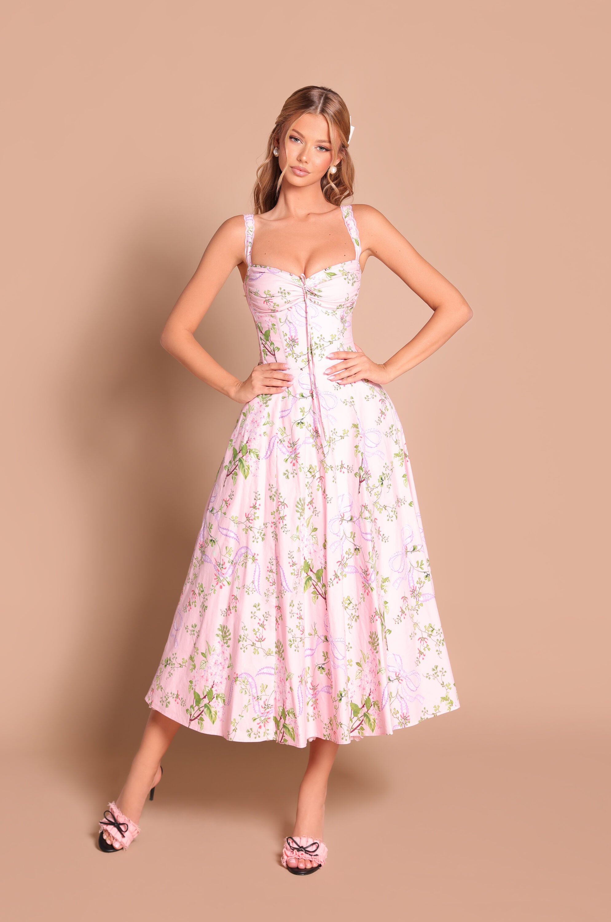 Pink floral corset midi dress with straps