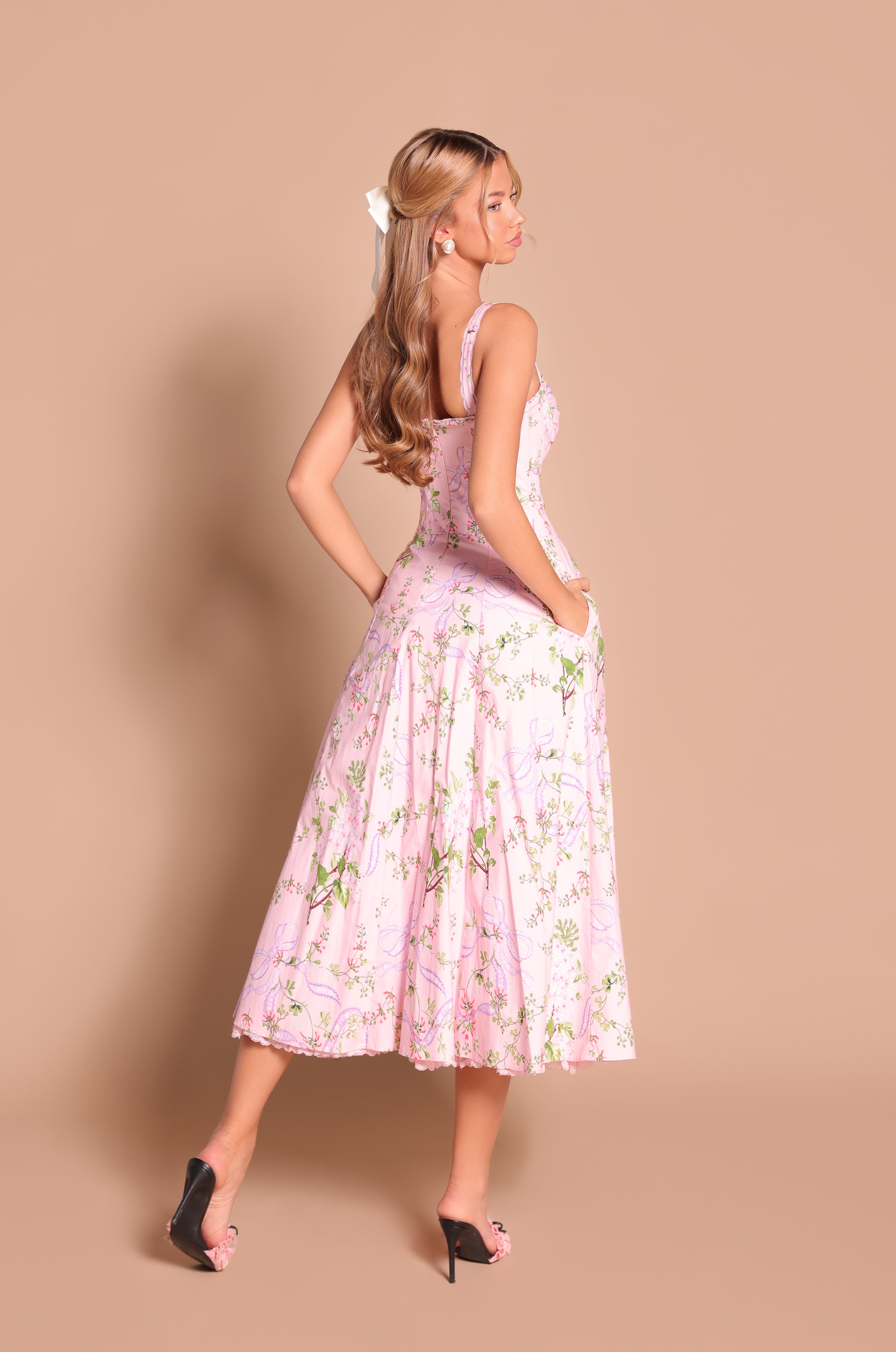 Pink floral corset midi dress with straps