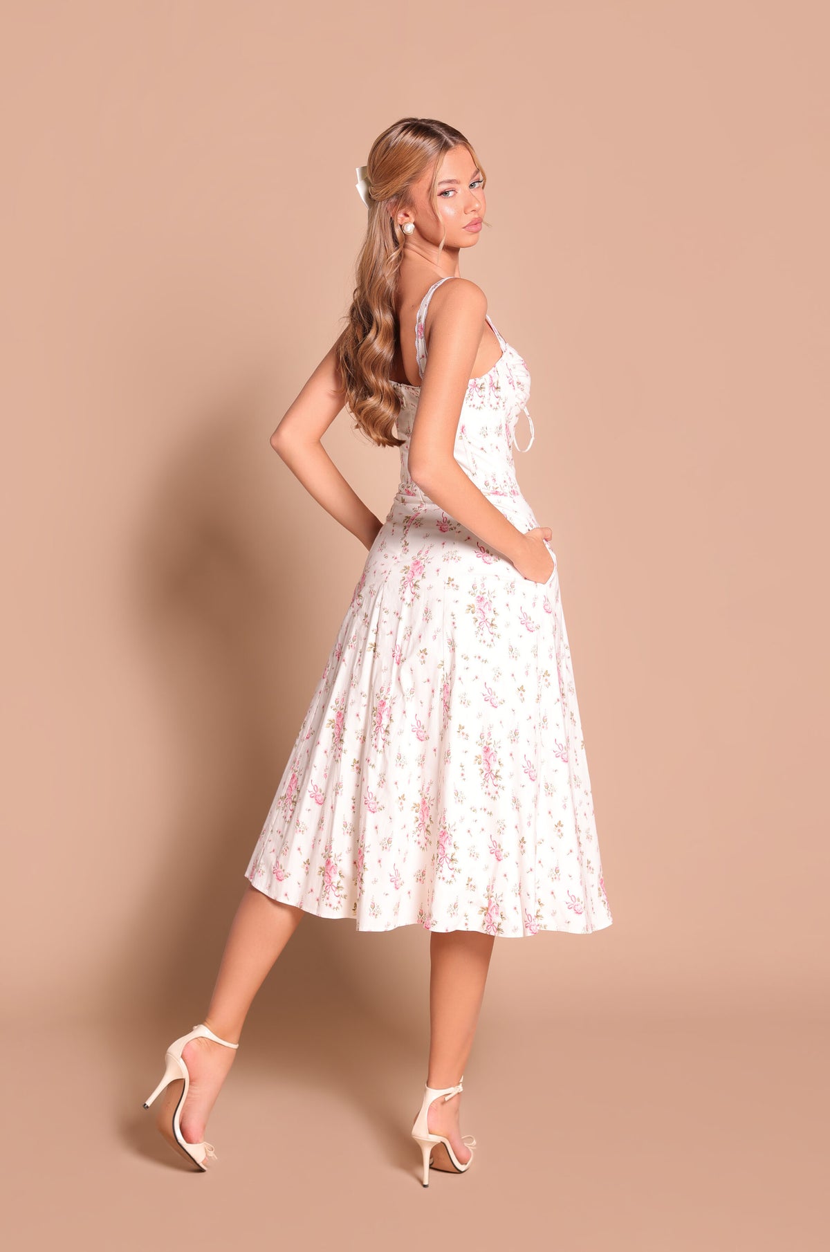 CELENIA Floral Corset Midi Dress in Ivory White