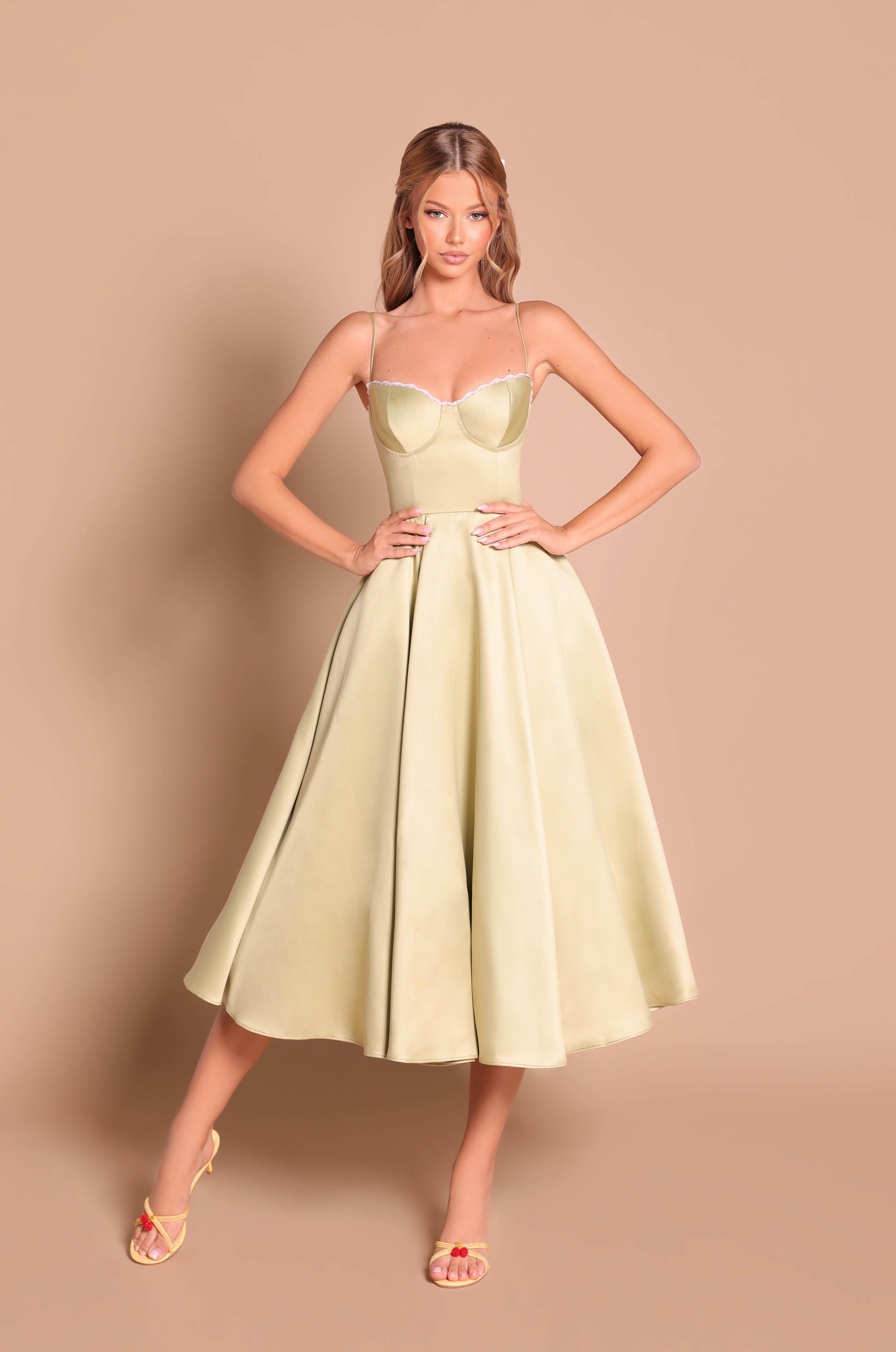 Olive green satin midi dress with thin straps