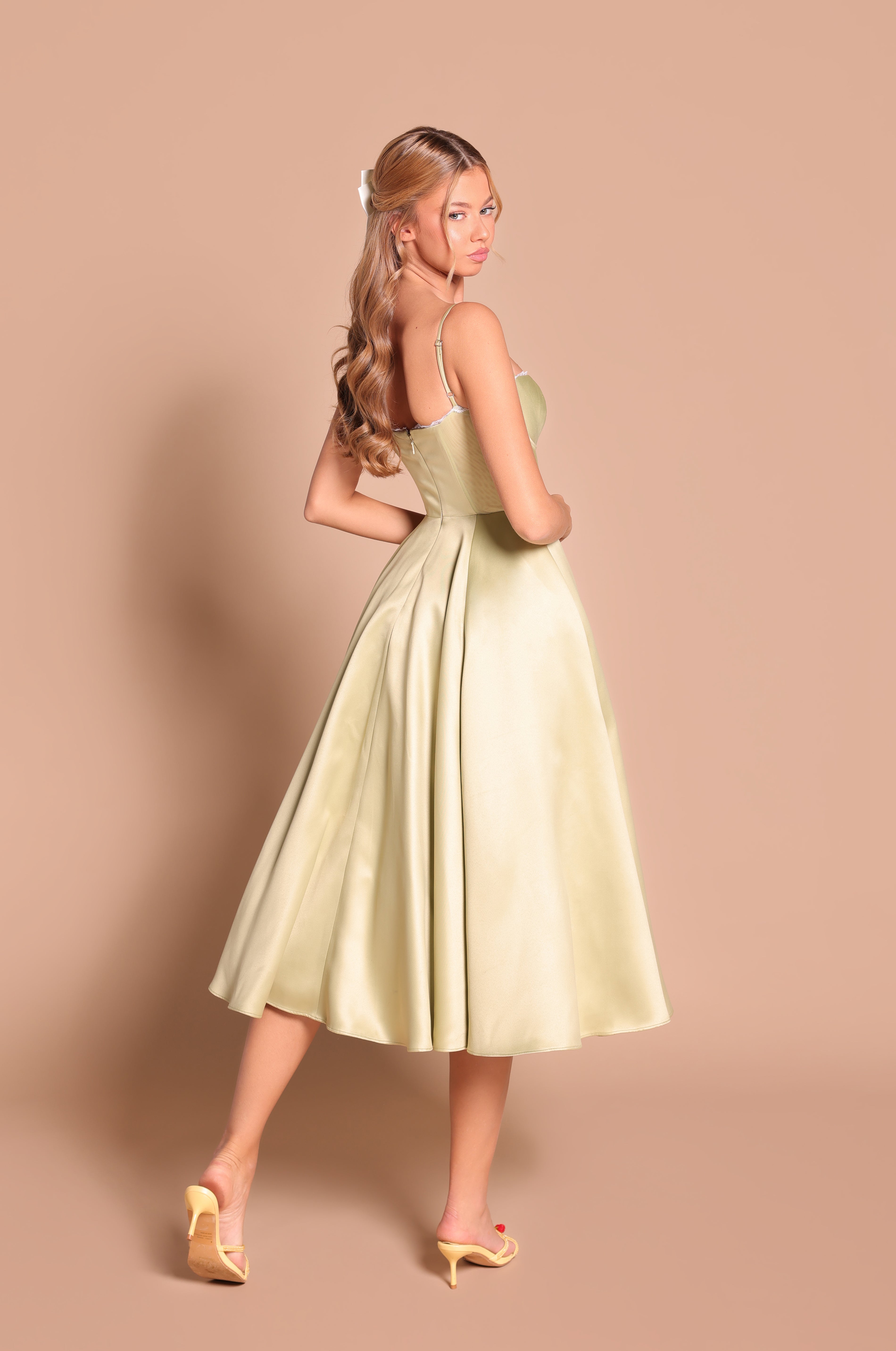 Olive green satin midi dress with thin straps