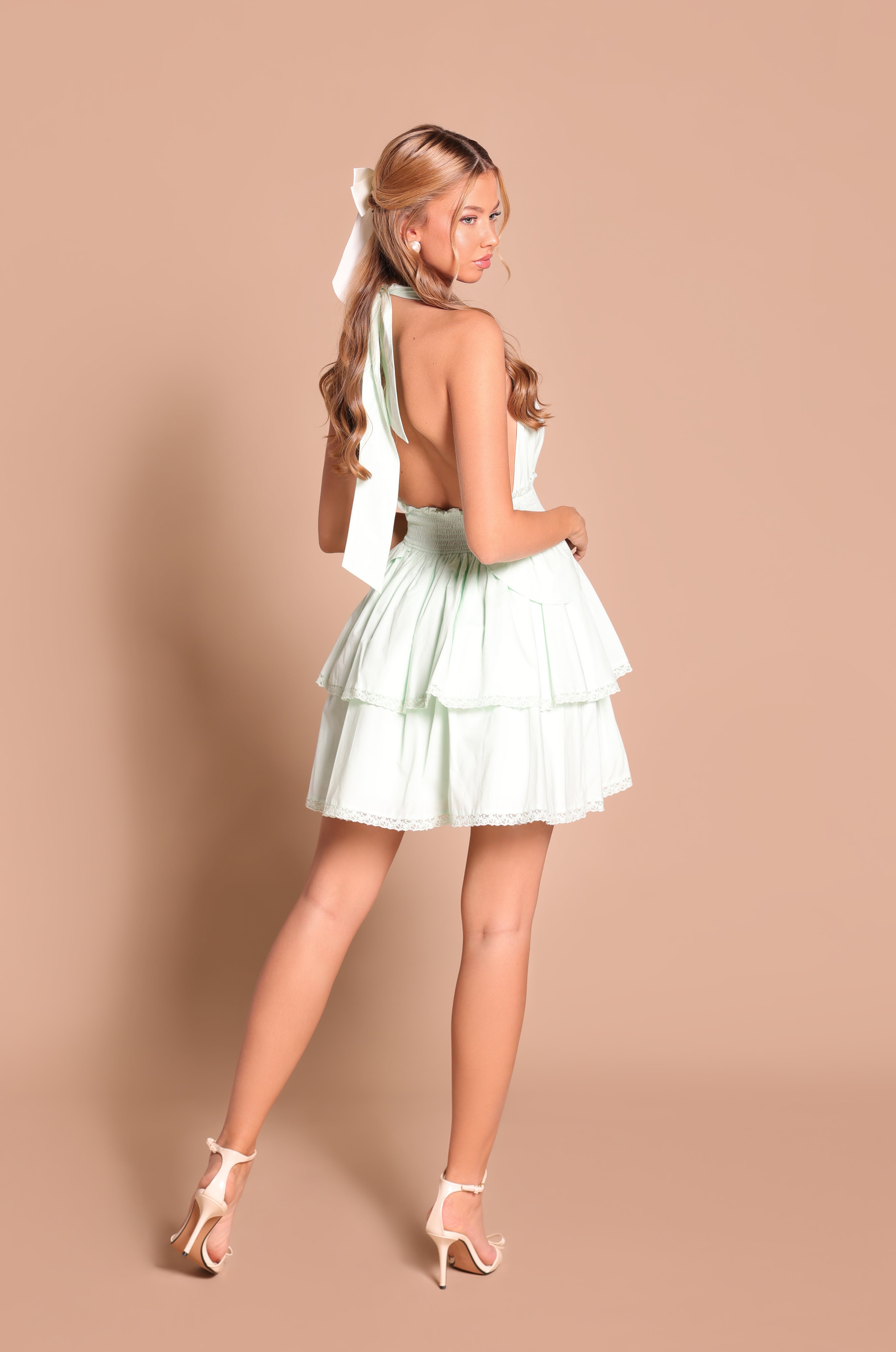 Mint Vista tiered lace halter mini dress with tiered skirt