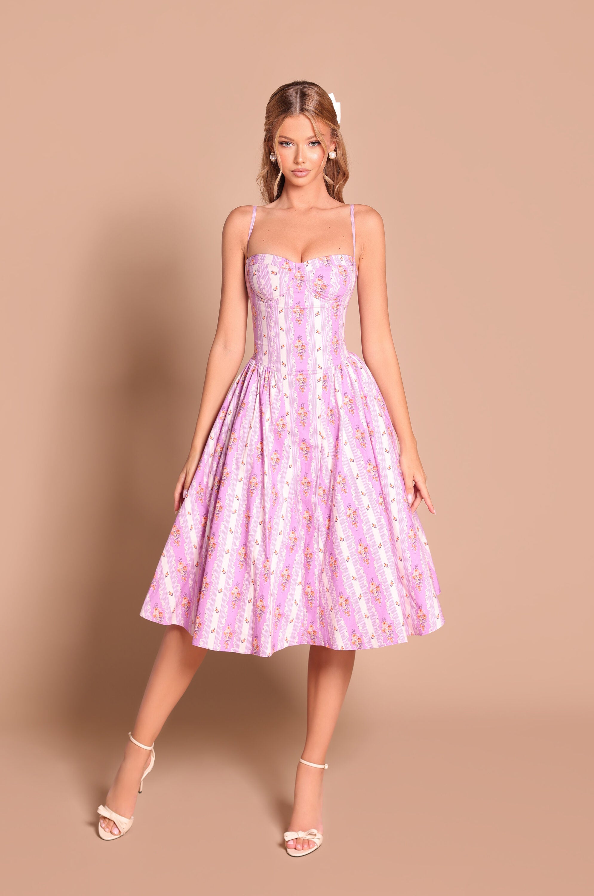 Lavender Lilac floral corset midi dress with spaghetti straps