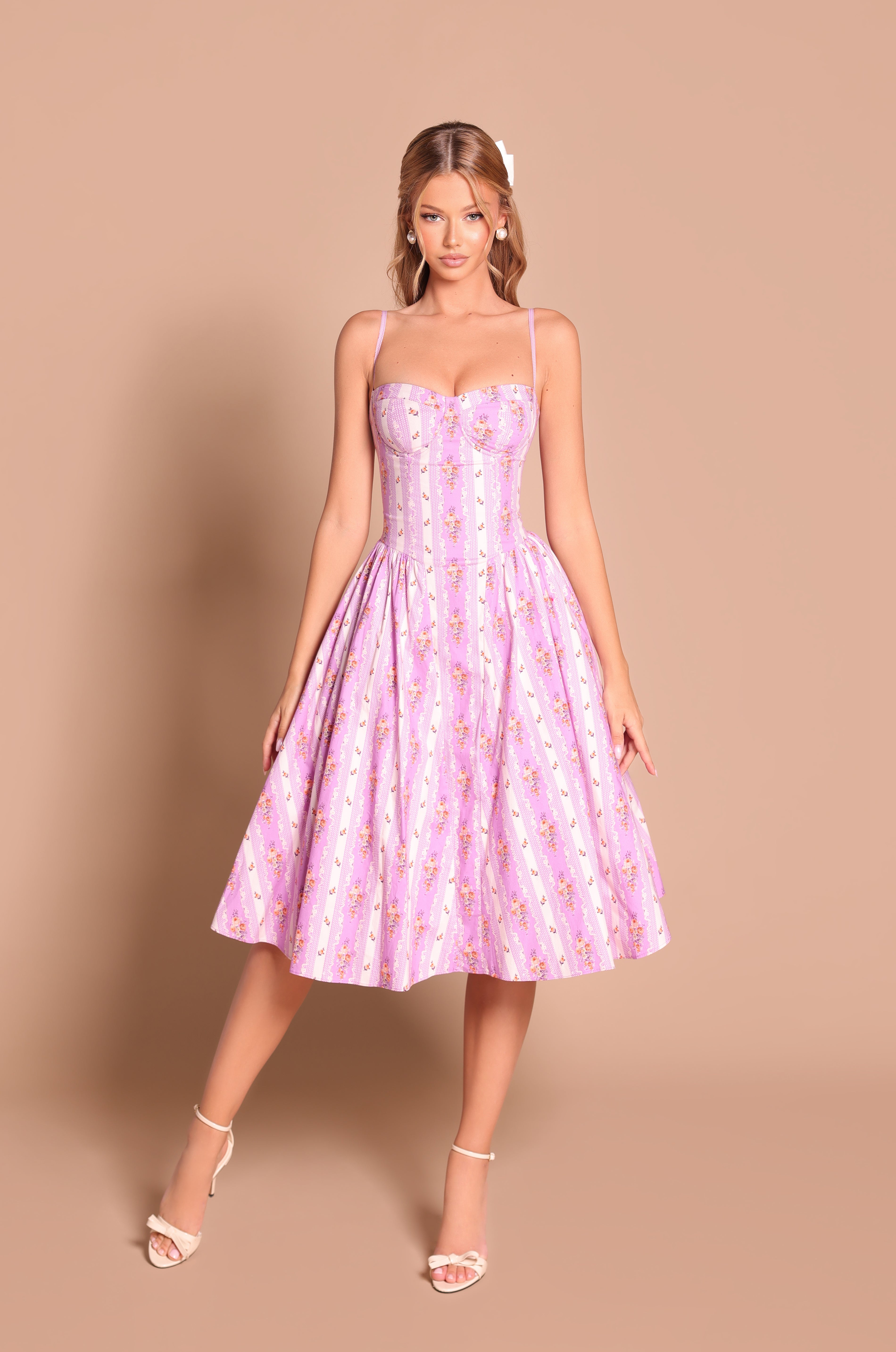 Lavender Lilac floral corset midi dress with spaghetti straps