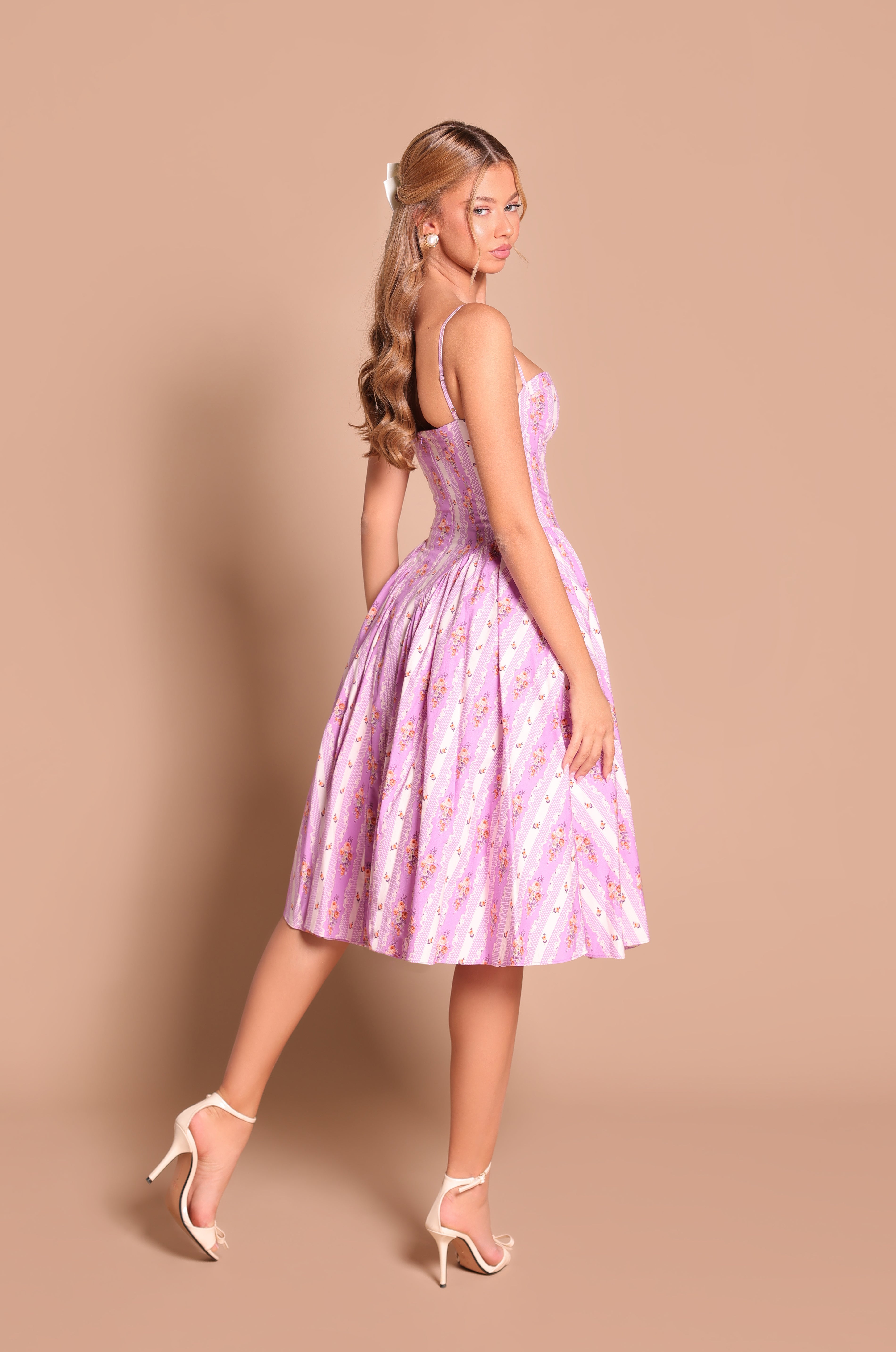 Lavender Lilac floral corset midi dress with spaghetti straps