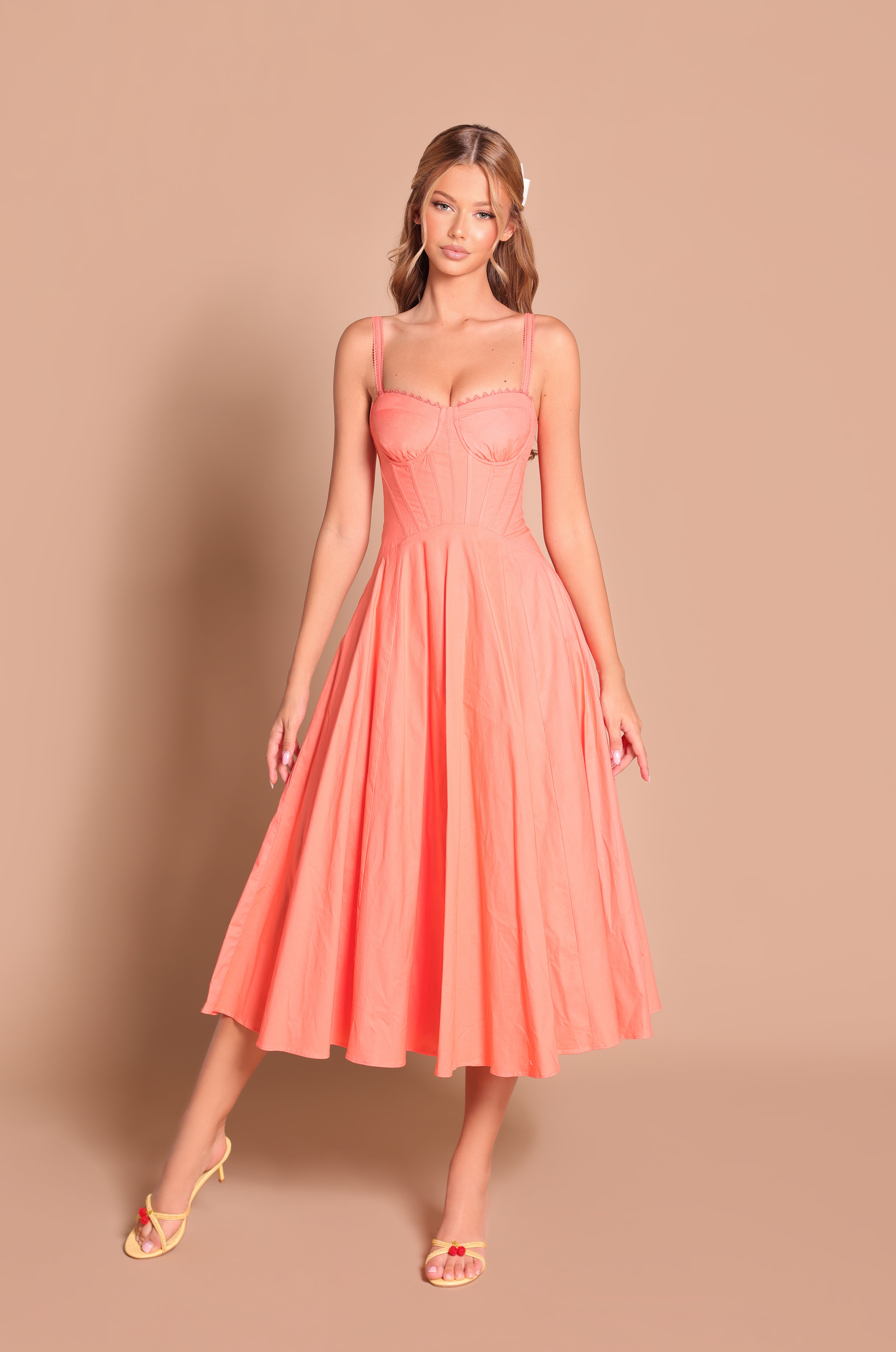 Papaya punch corset midi dress with sweetheart neckline