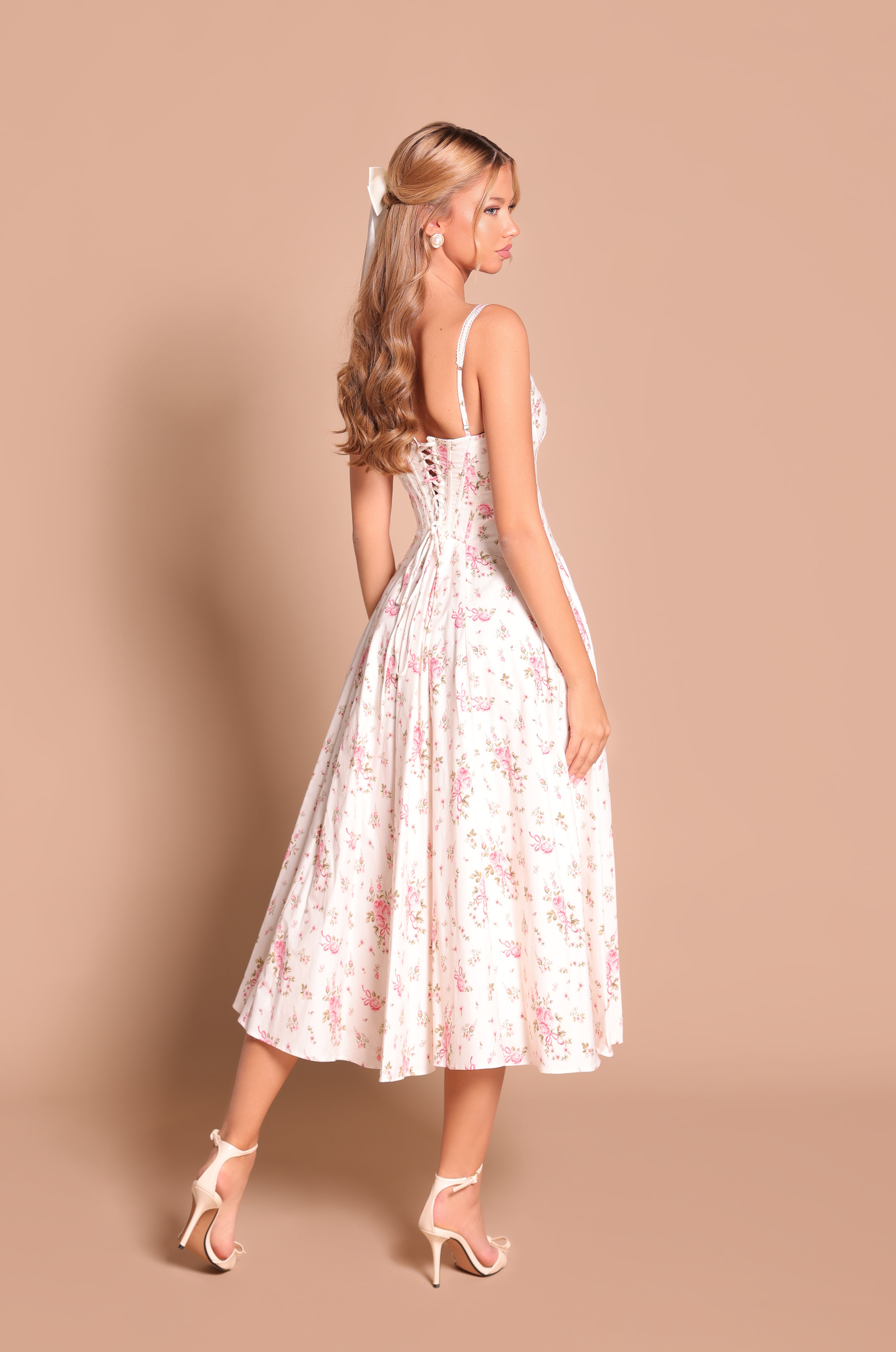 Cream white floral corset midi dress with fitted waist