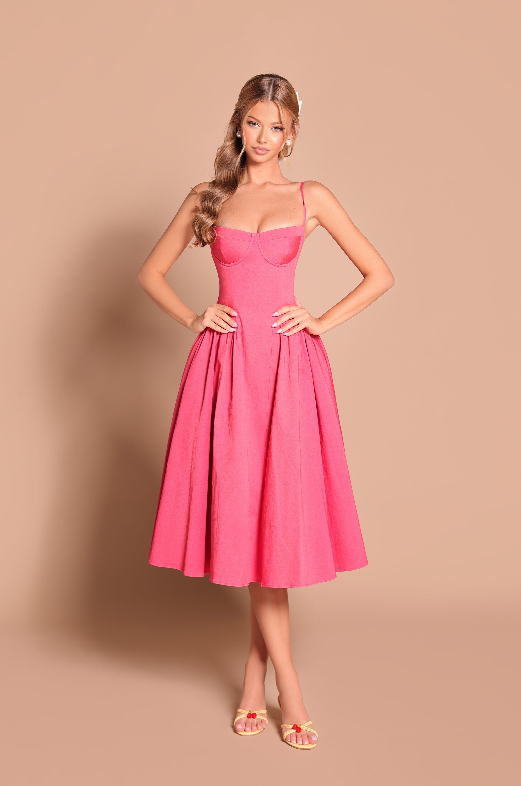 Winterberry red corset midi dress with spaghetti straps