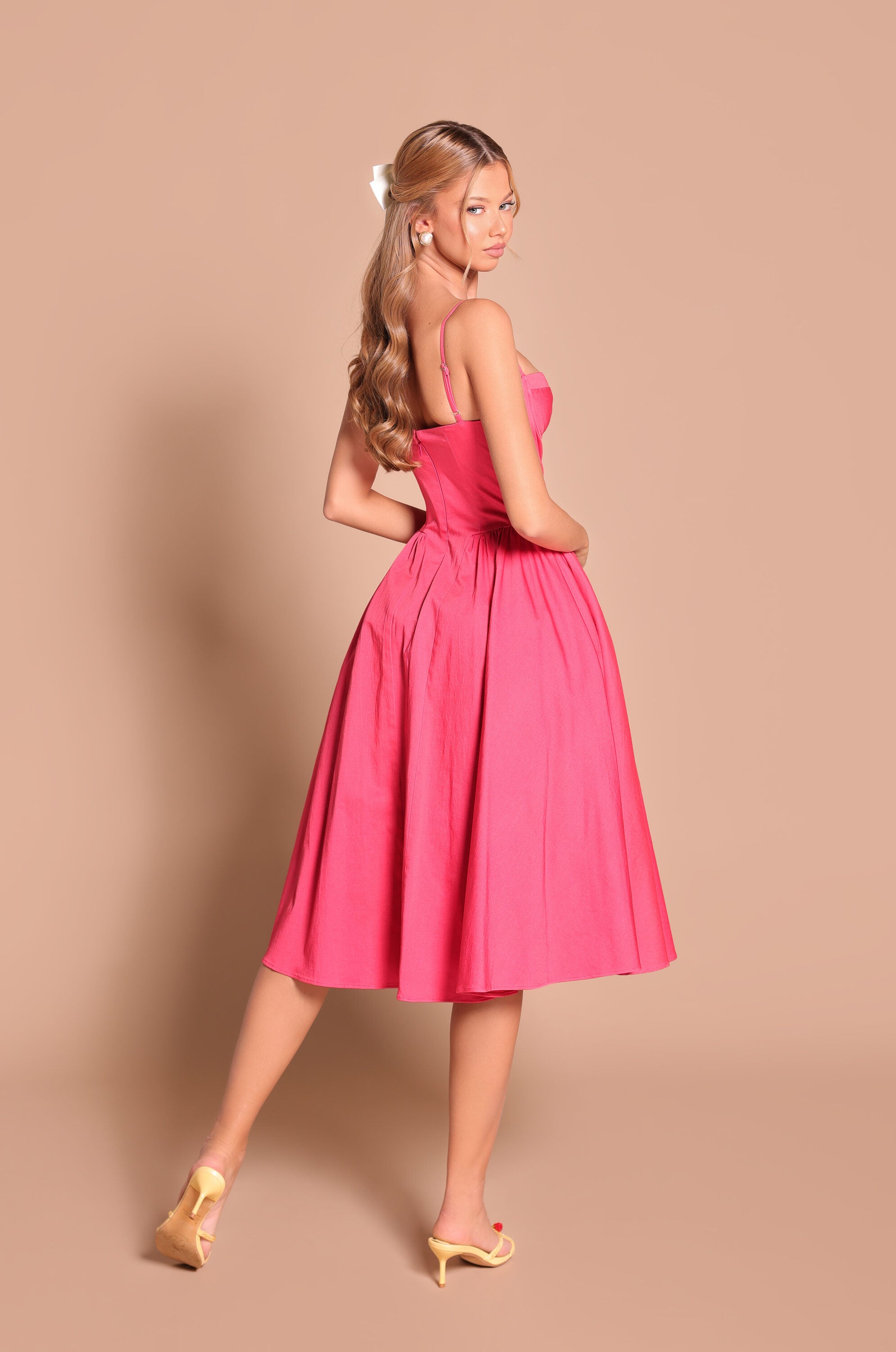Winterberry red corset midi dress with spaghetti straps