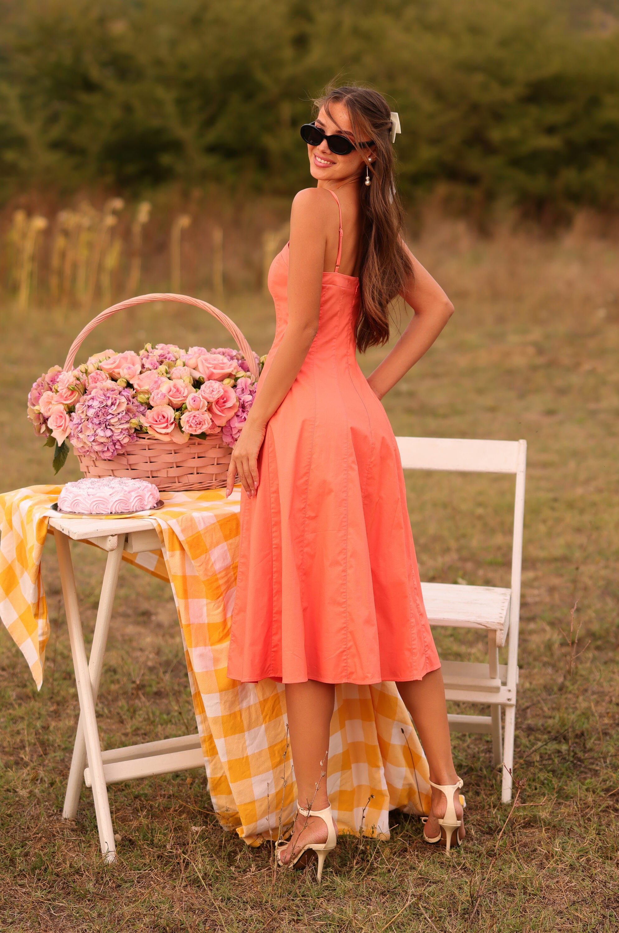 Solid papaya punch square-neck midi dress with pockets