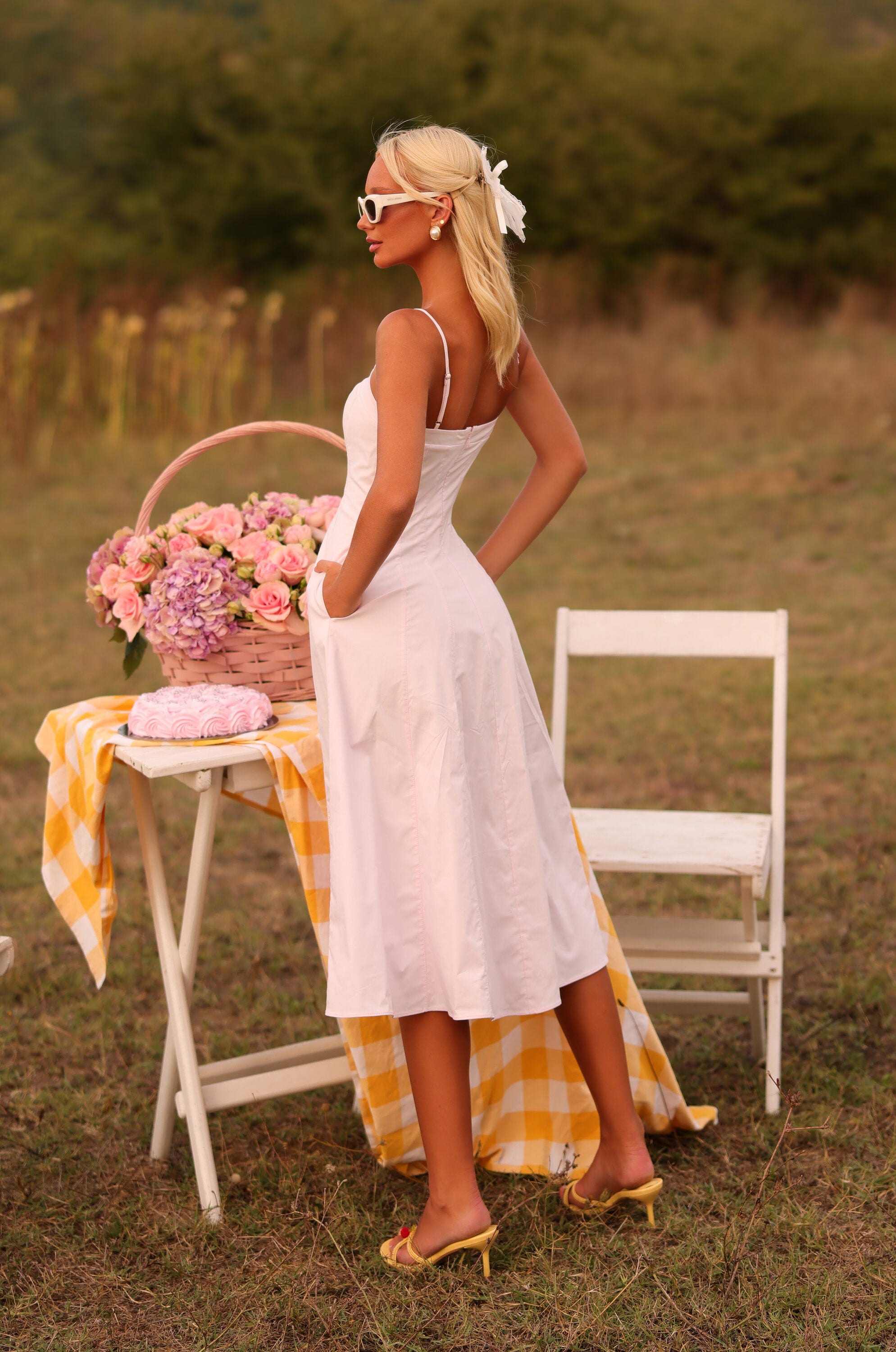 Primrose pink square-neck midi dress with pockets