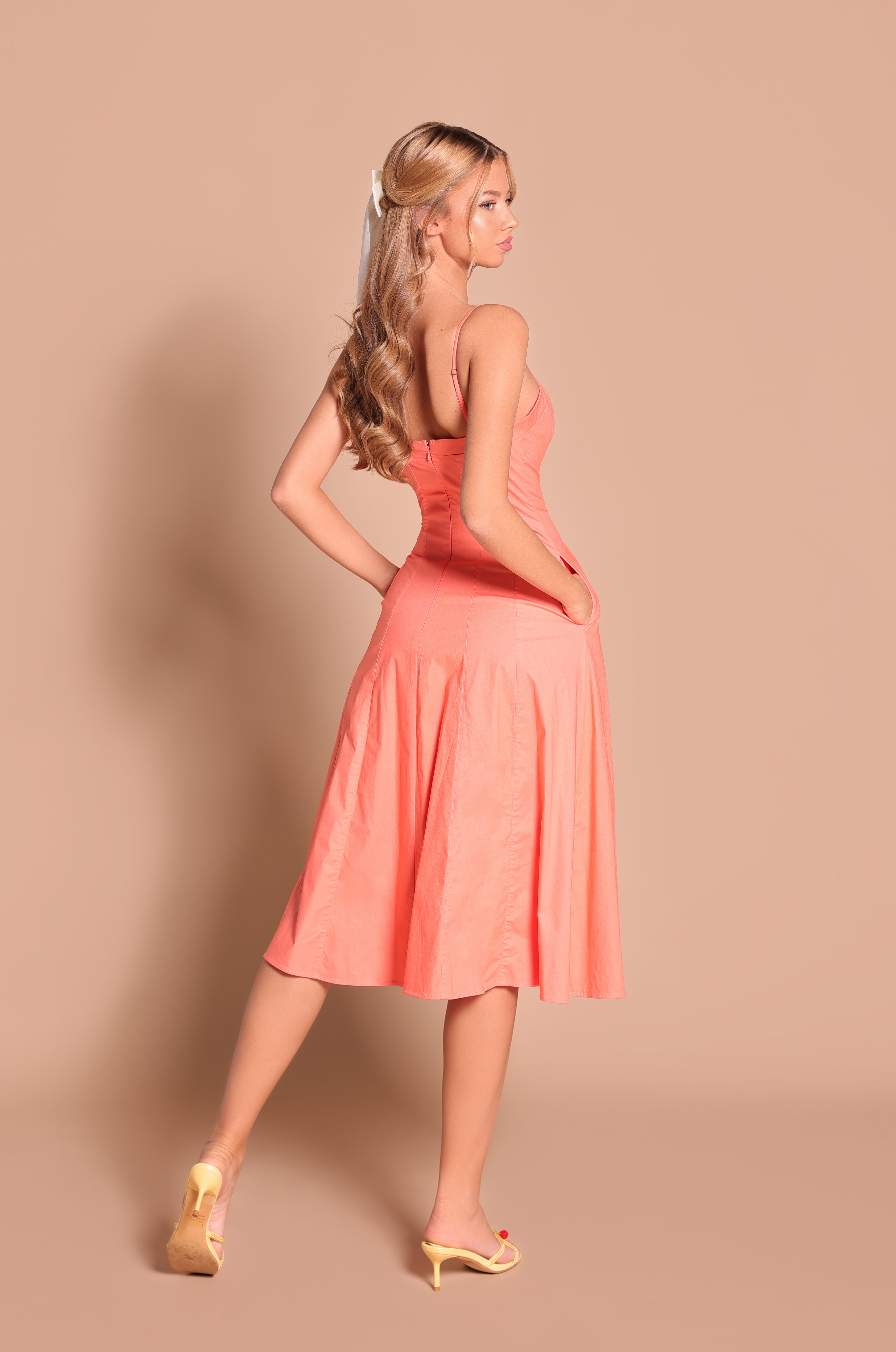Solid papaya punch square-neck midi dress with pockets