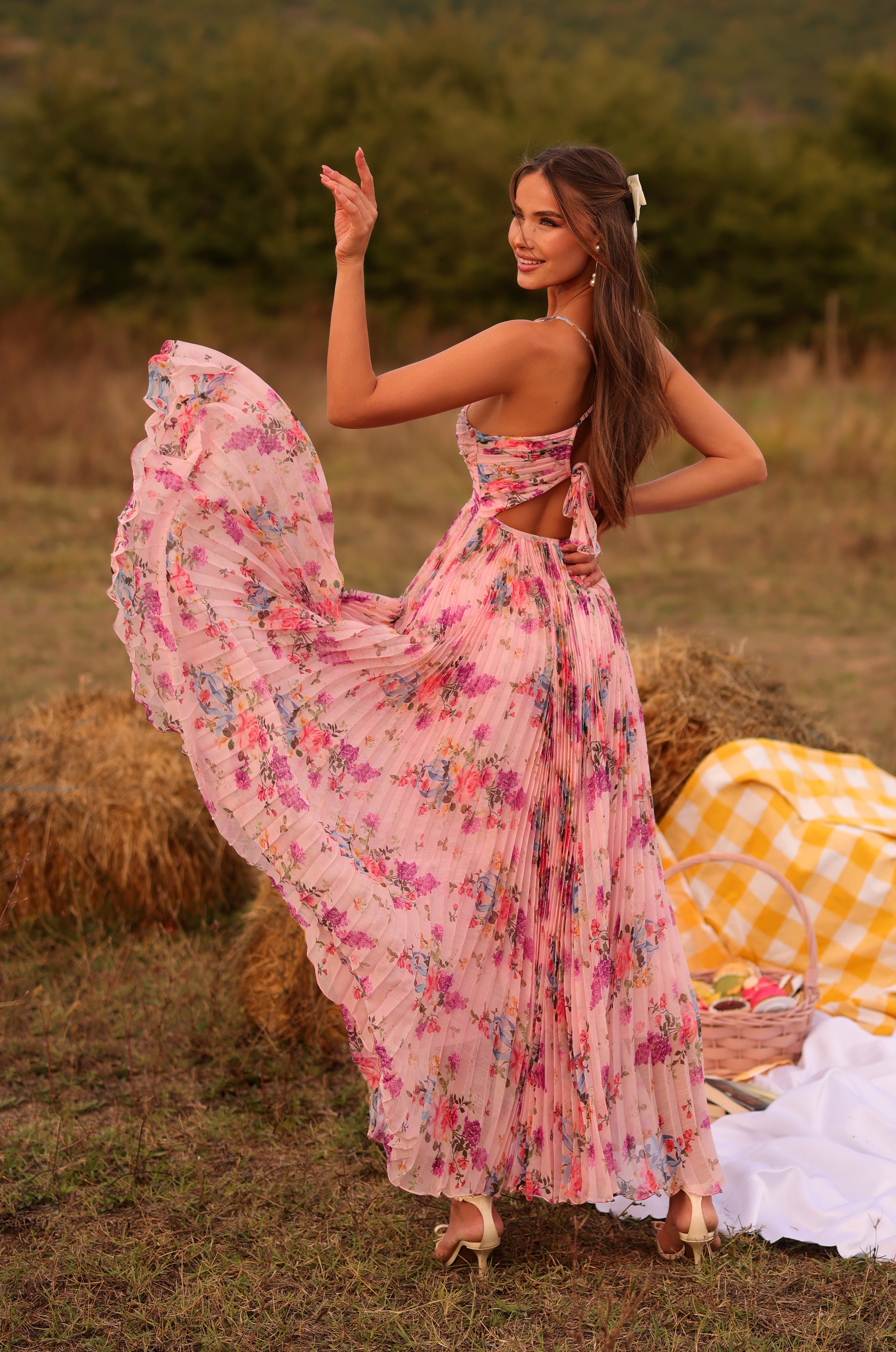 Blush pink floral pleated maxi dress with spaghetti straps