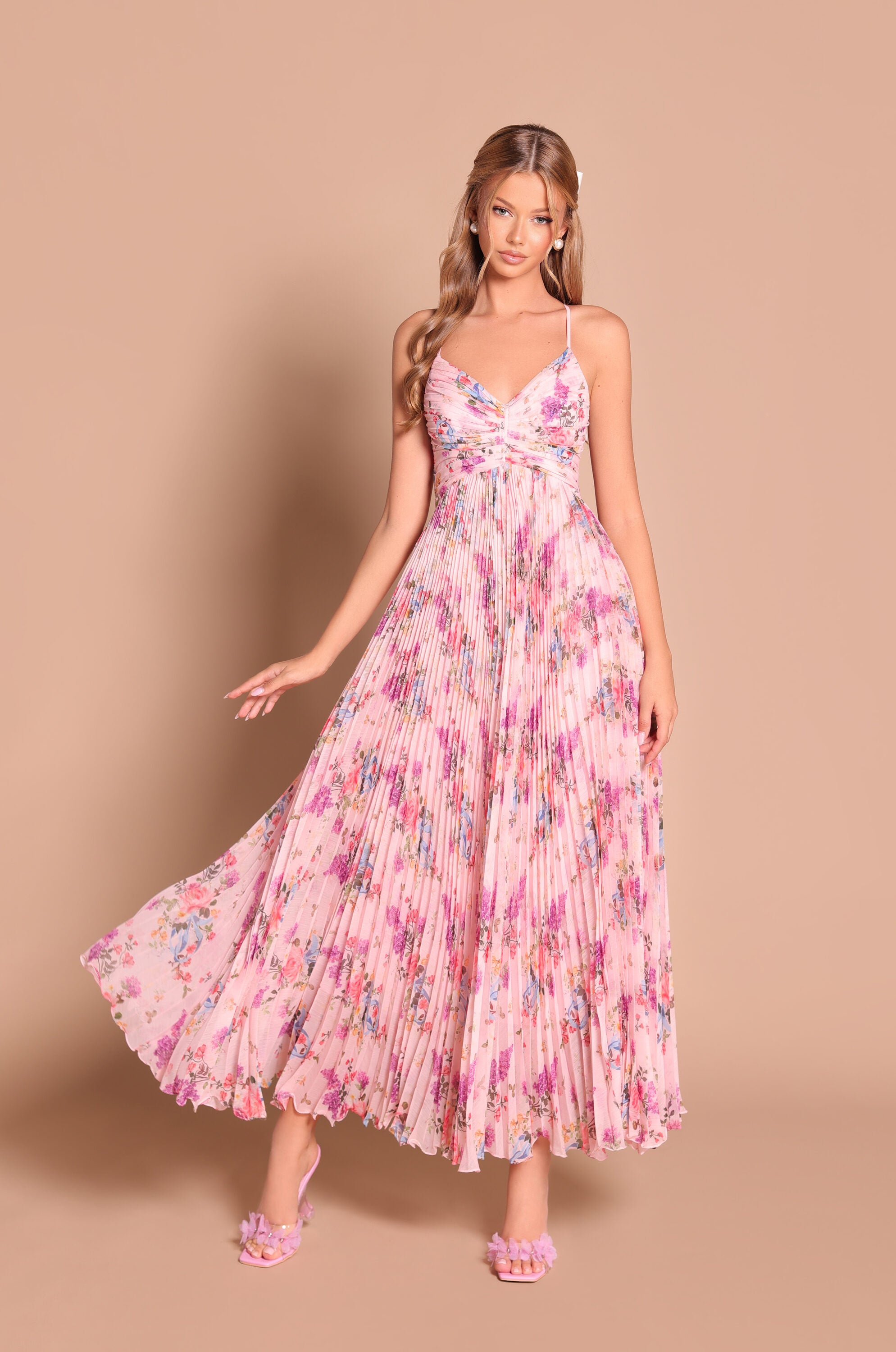Blush pink floral pleated maxi dress with spaghetti straps
