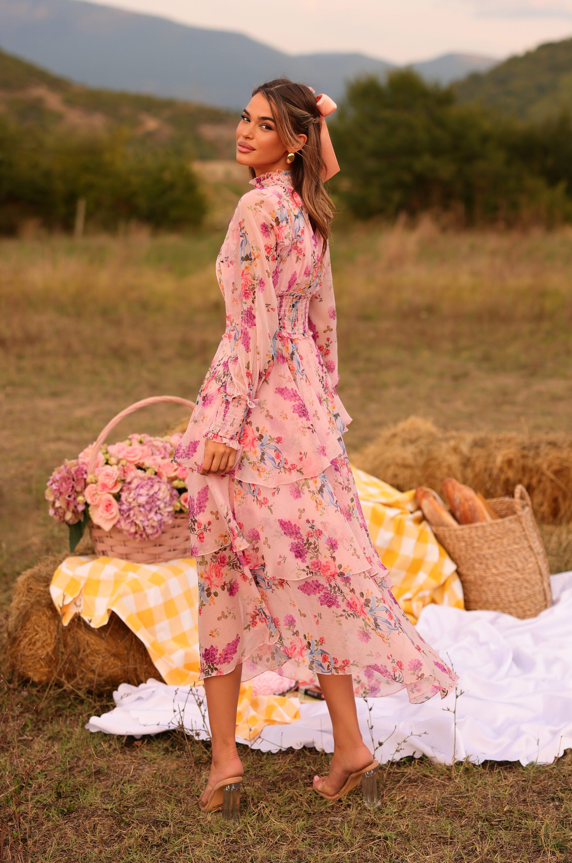 Pastel pink floral high-neck long-sleeve midi dress with layered hem
