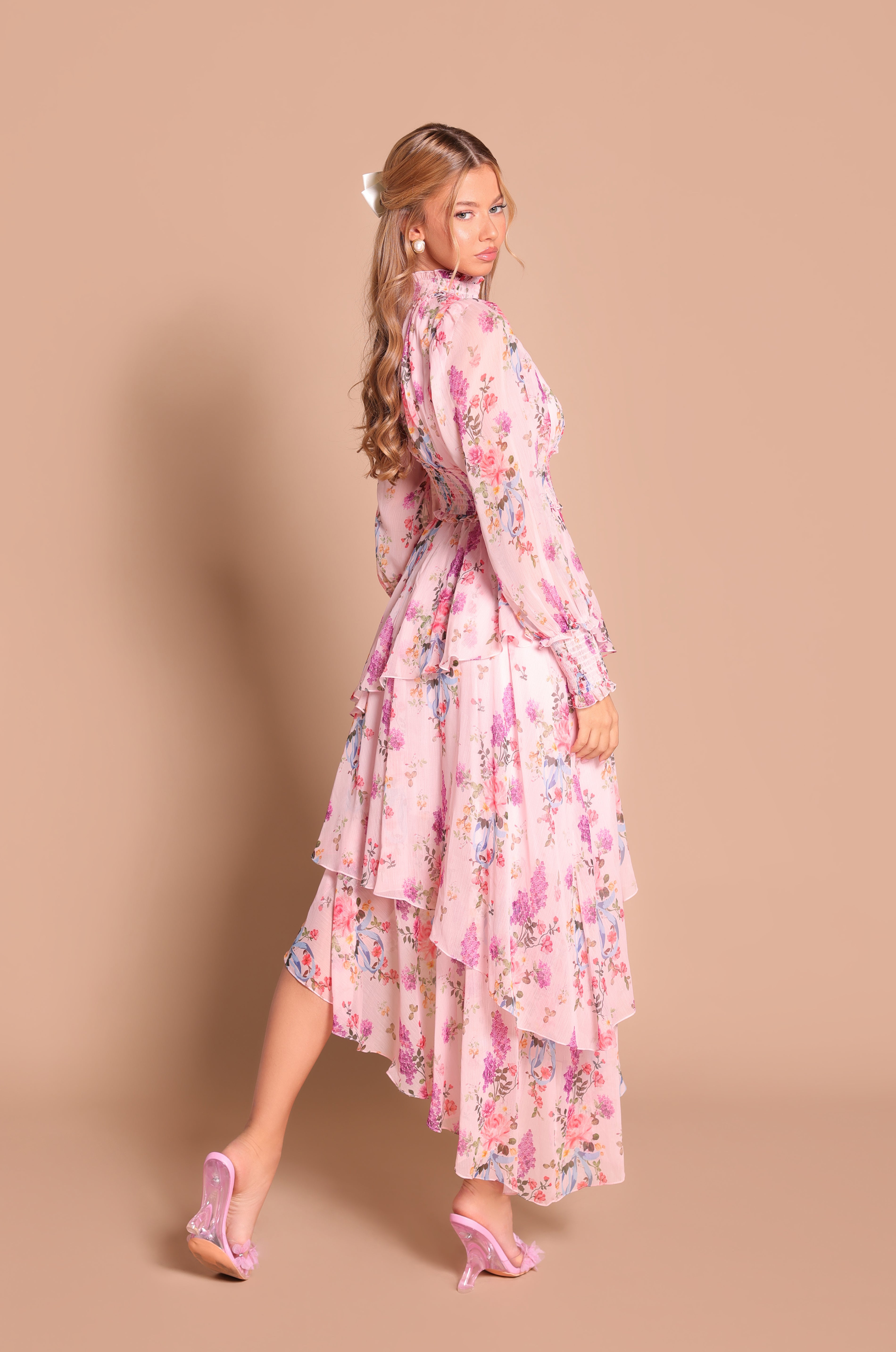Pastel pink floral high-neck long-sleeve midi dress with layered hem