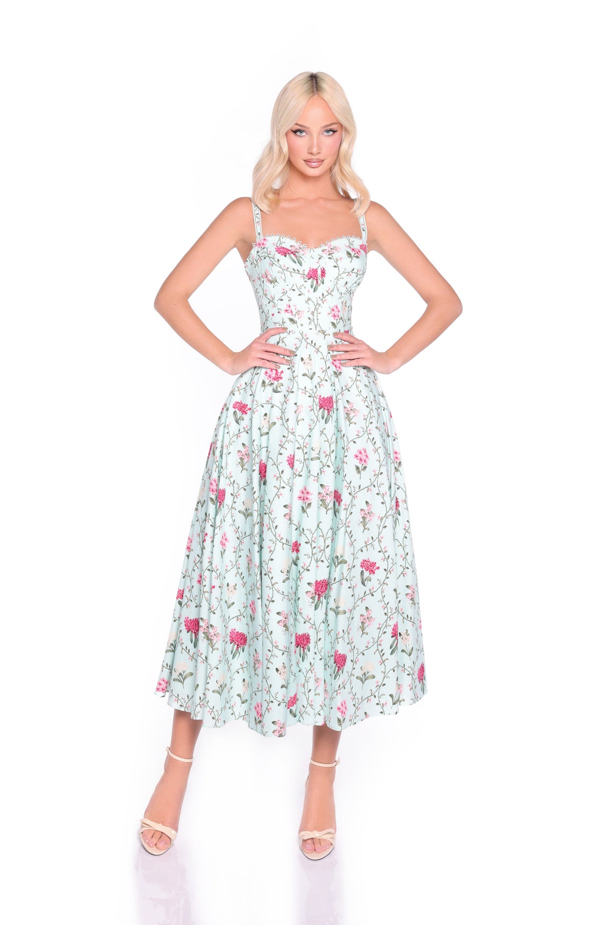 ROSELLA Floral Corset Midi Dress in Mint Green