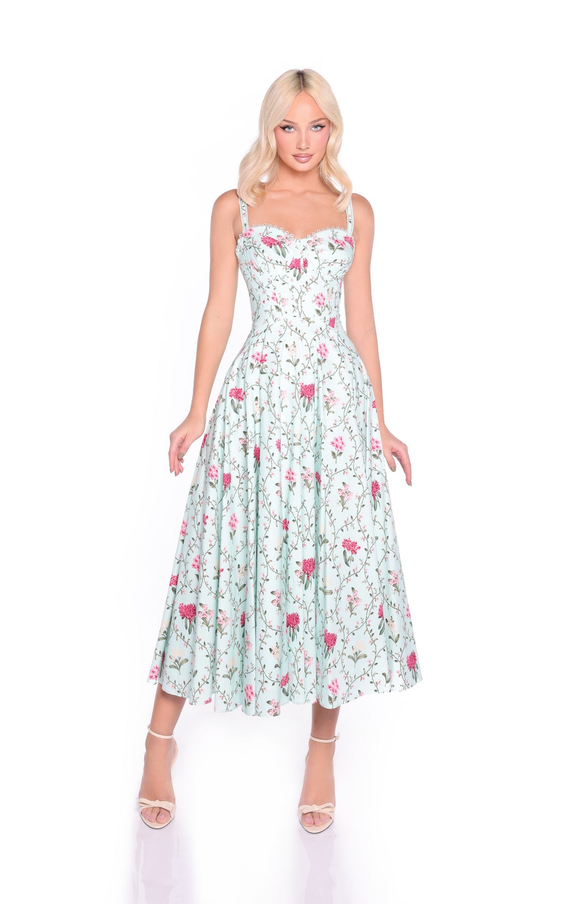 ROSELLA Floral Corset Midi Dress in Mint Green