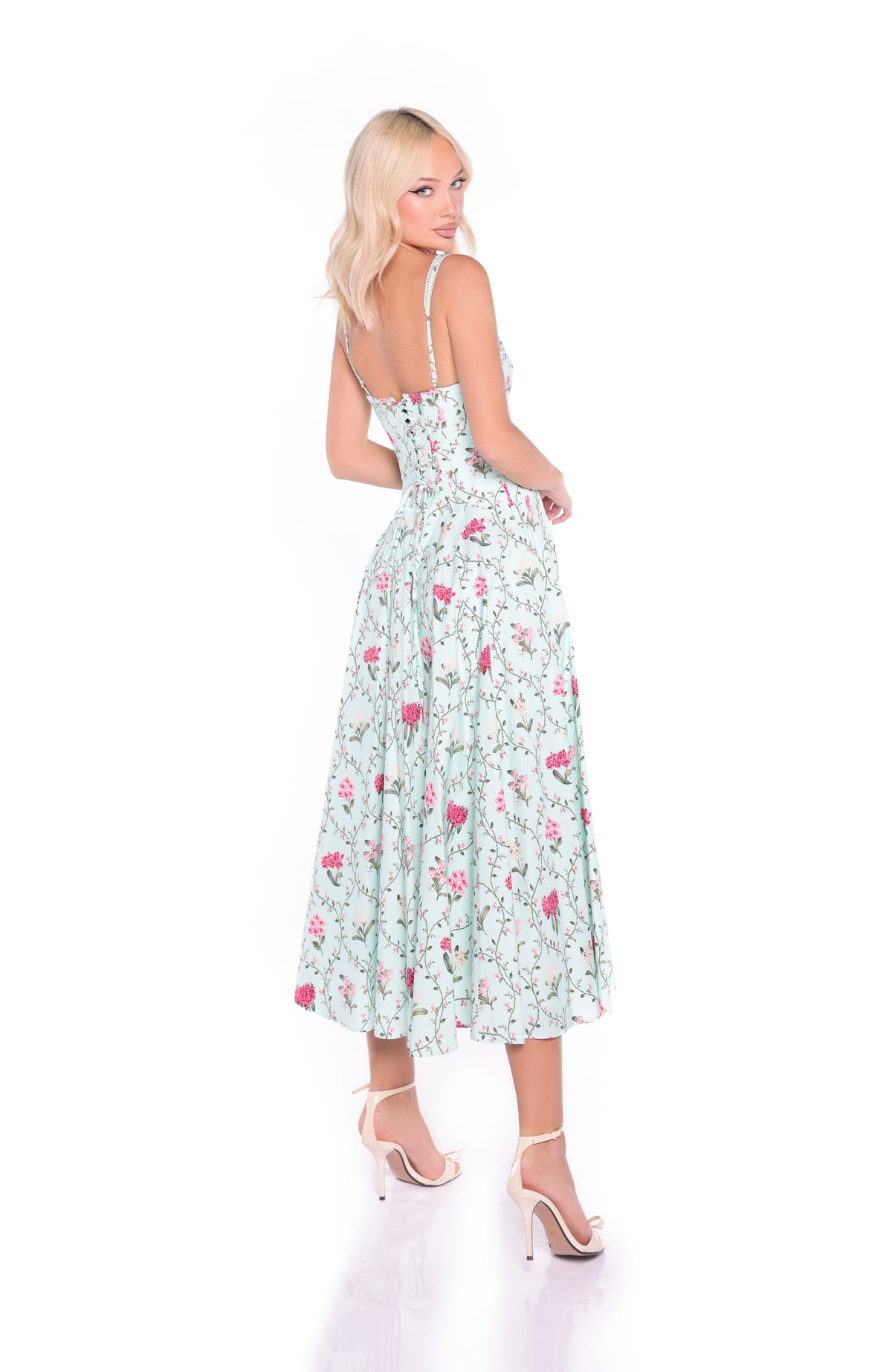 ROSELLA Floral Corset Midi Dress in Mint Green