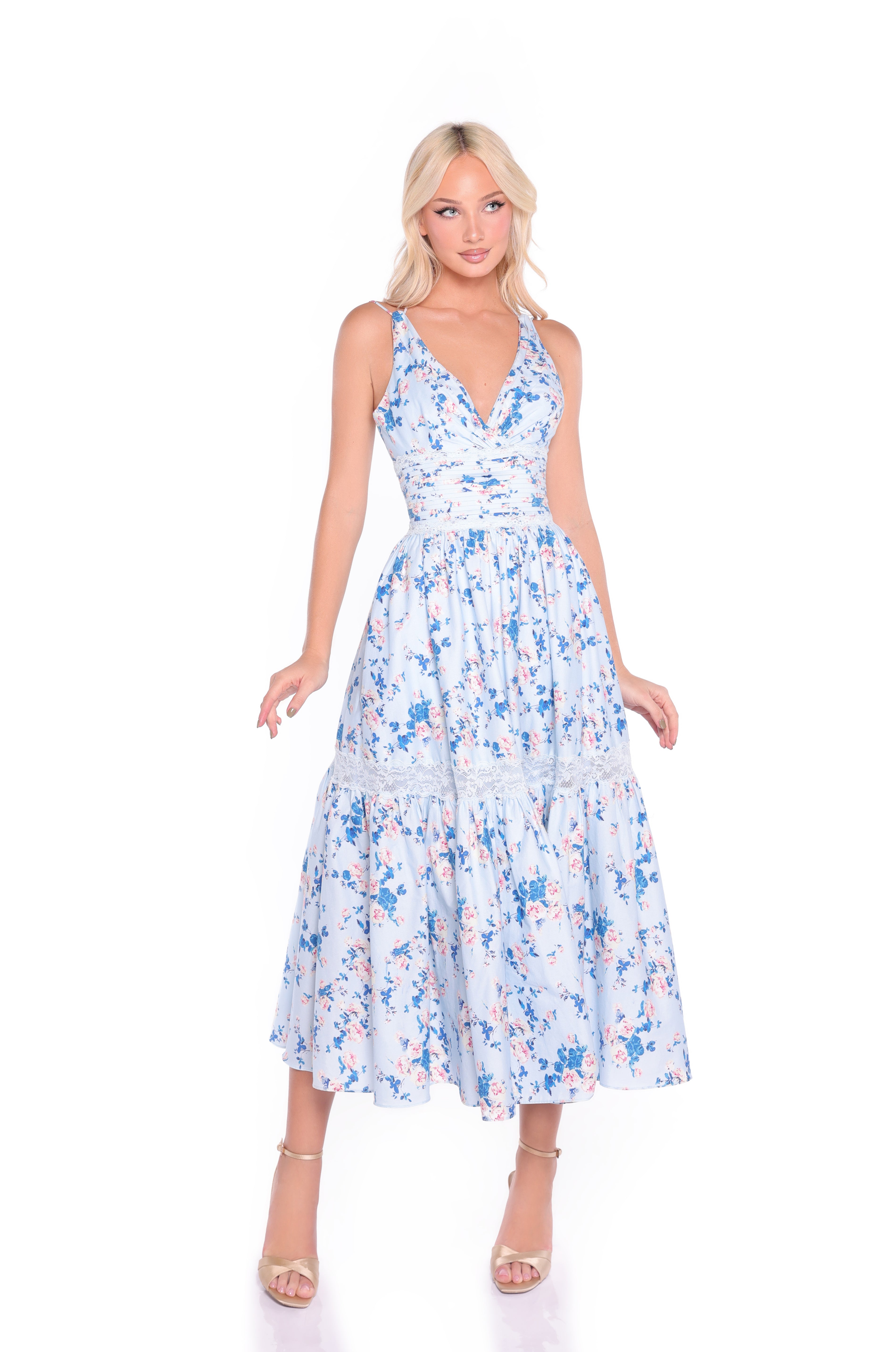 SOLENE Blue Floral Midi Dress